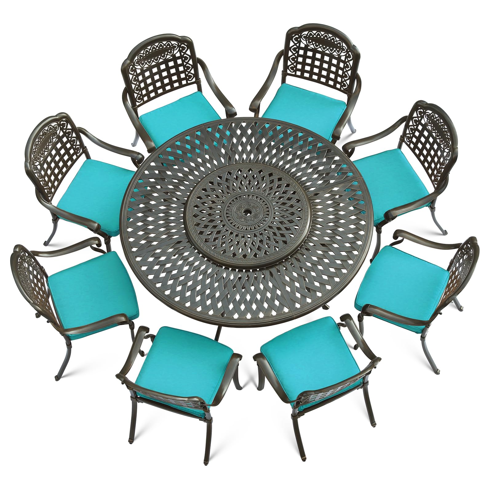 VIVIJASON9-Piece Outdoor Furniture Dining Set, Rust-Free Cast Aluminum Patio Conversation Set, Include 8 Cushioned Chairs & 61" Round Dining Table with 31" Lazy Susan, Umbrella Hole, Ocean Blue