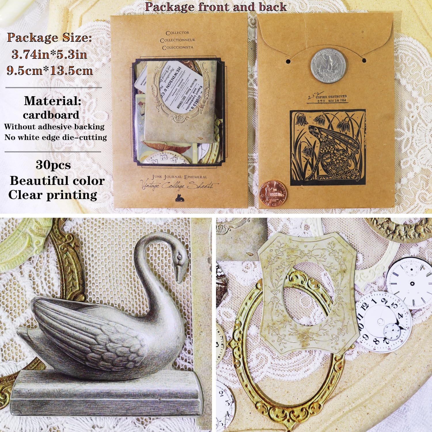Vintage Junk Journal Items Kit Pre Cut Paper Cards Cutout Cardstock Art Aesthetic Decor Hollow Out Craft Elements Small Embellishments Supplies for Adults Scrapbook Pack (Photo Frame Yellow)