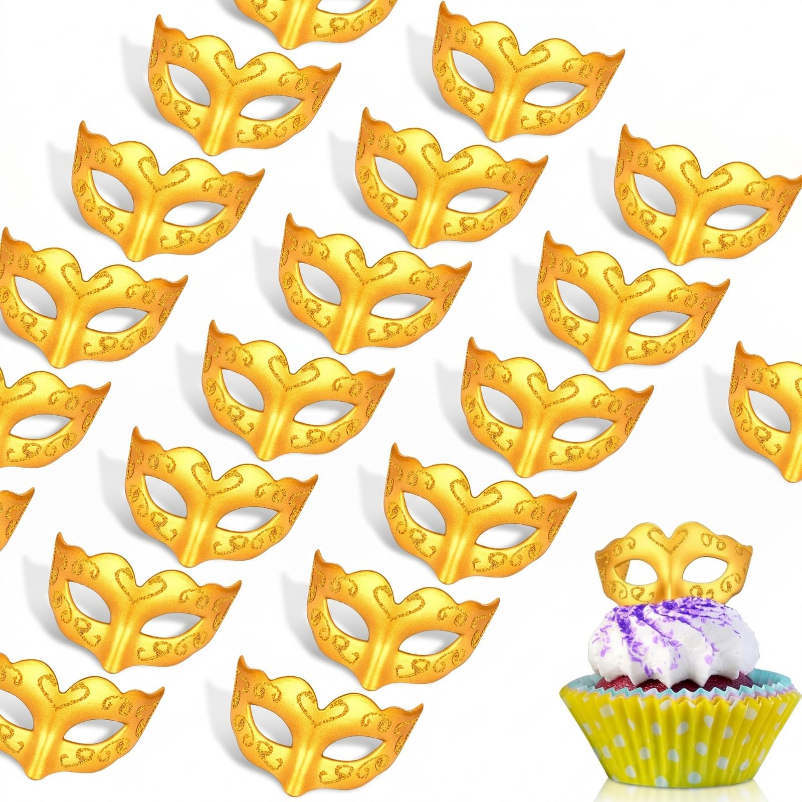 Deekin 24 Pcs Halloween Mini Cake Toppers, Masquerade Mask Gold