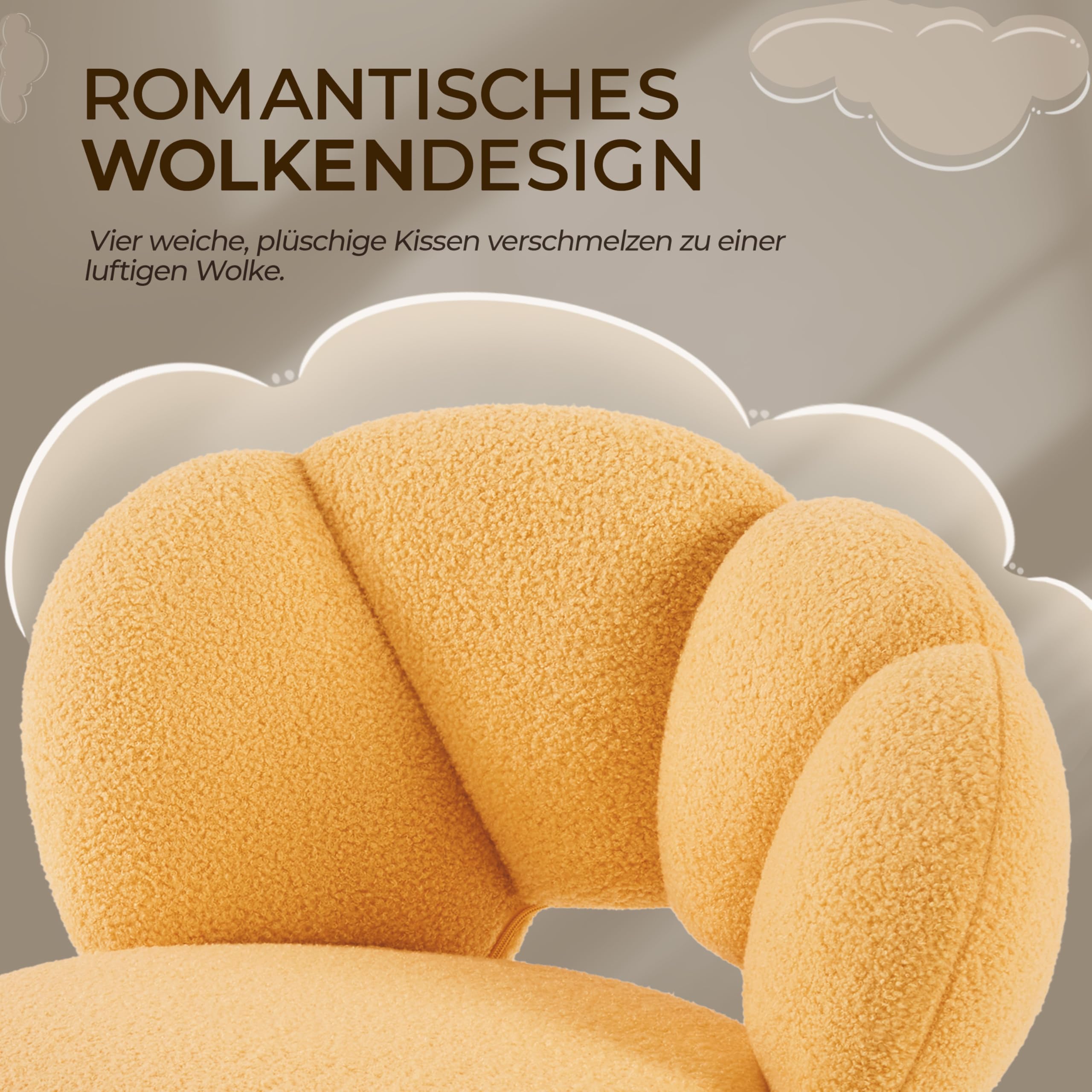 Yaheetech Schreibtischstuhl Bürostuhl Ergonomisch Bürosessel in Wolkenform Schminktischstuhl bis Belastbar Computerstuhl Höhenverstellbar für Schlafzimmer Büro Wohnzimmer Gelb – Bild 4