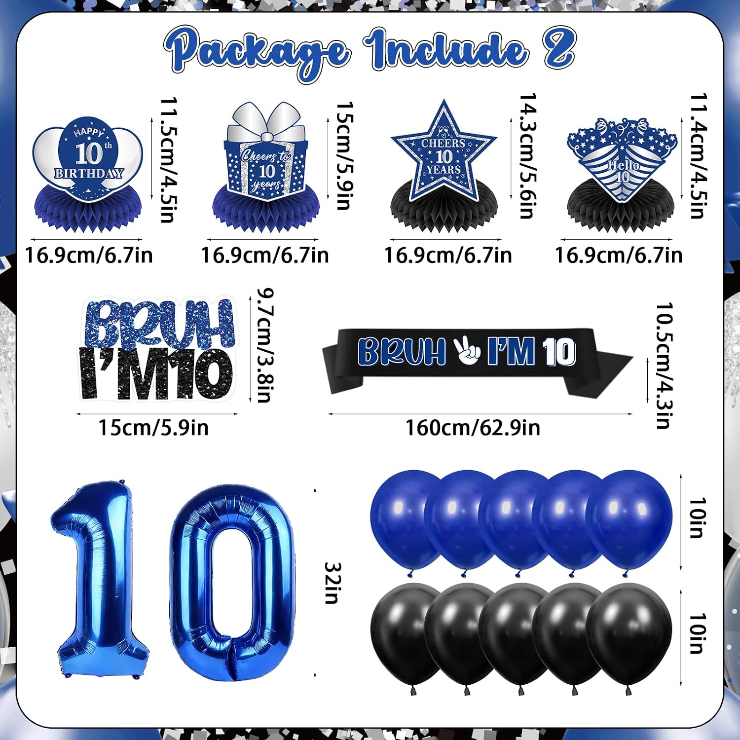 36pcs 10th Birthday Decorations for Boys, Black Blue 10th Party Decorations Happy 10th Birthday Banner Bruh I'm 10 Balloons Honeycomb Hanging Swirls Cake Topper Sash 10 Years Old Bday Party Supplies