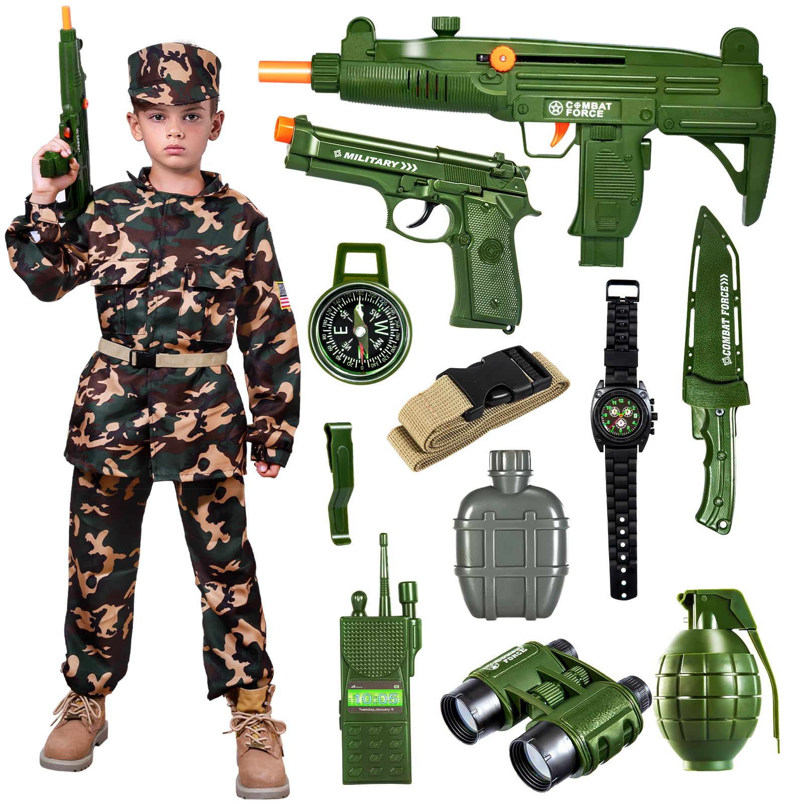 Kids Army Costume for Boys, Boys Military Soldier Costume with Army Toys, Halloween Costumes for Kids 3-12
