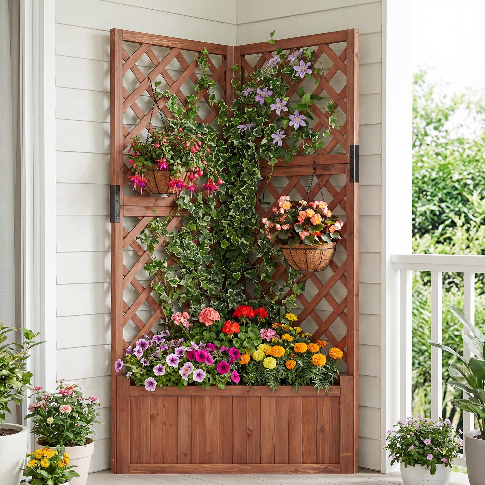 GOPLUS Jardineras con Enrejado Angular de Madera, Cama Elevada de Jardín, Orificios de Drenaje, para Flores Verduras Plantas Trepadoras, Macetero Exterior para Patio Jardín, 55 x 55 x 140 cm (Marrón)