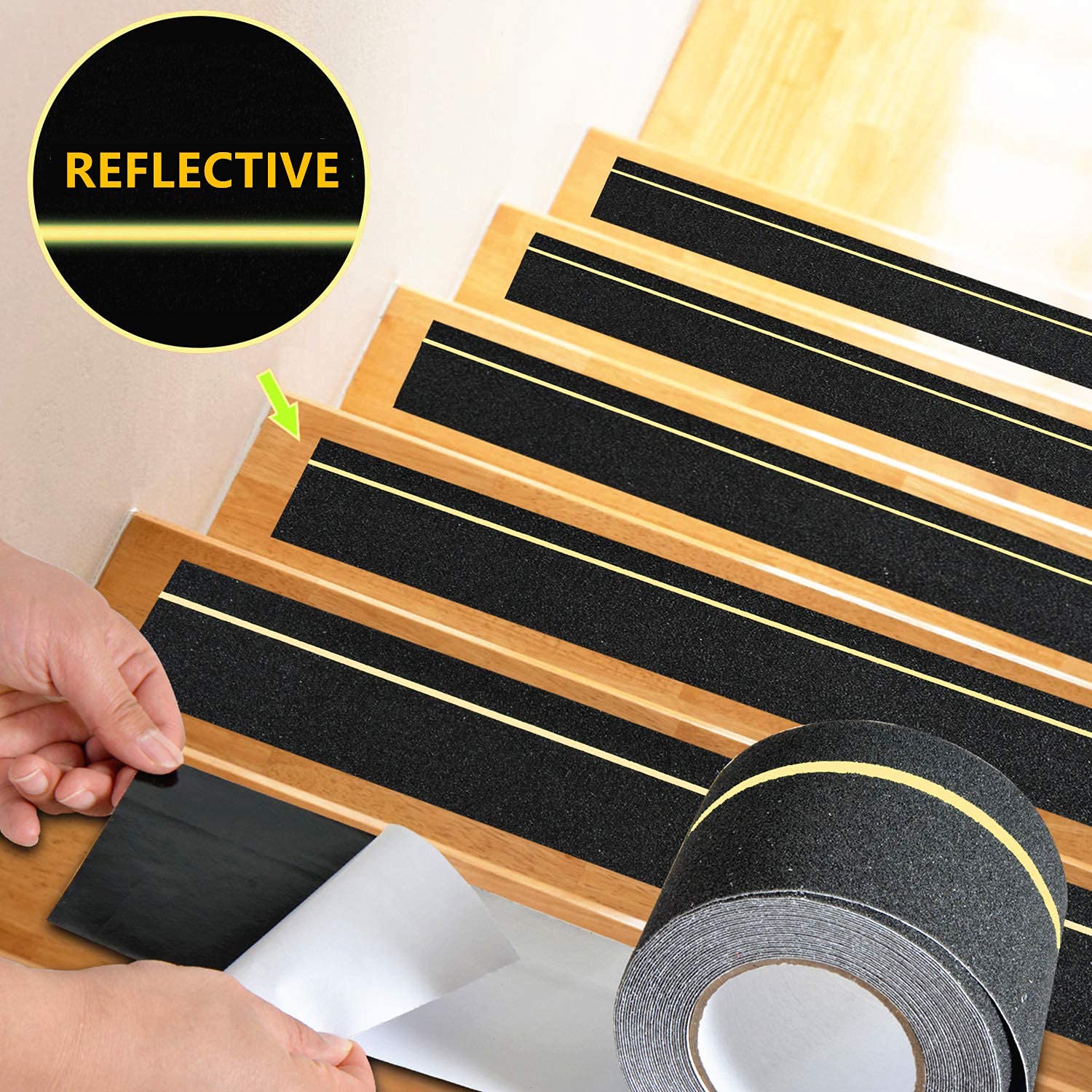 Cinta antideslizante de 4 pulgadas x 33 pies con rayas reflectantes, cinta antideslizante de mejor agarre, cinta antideslizante, adhesivo de alta tracción para escaleras. Cosimixo