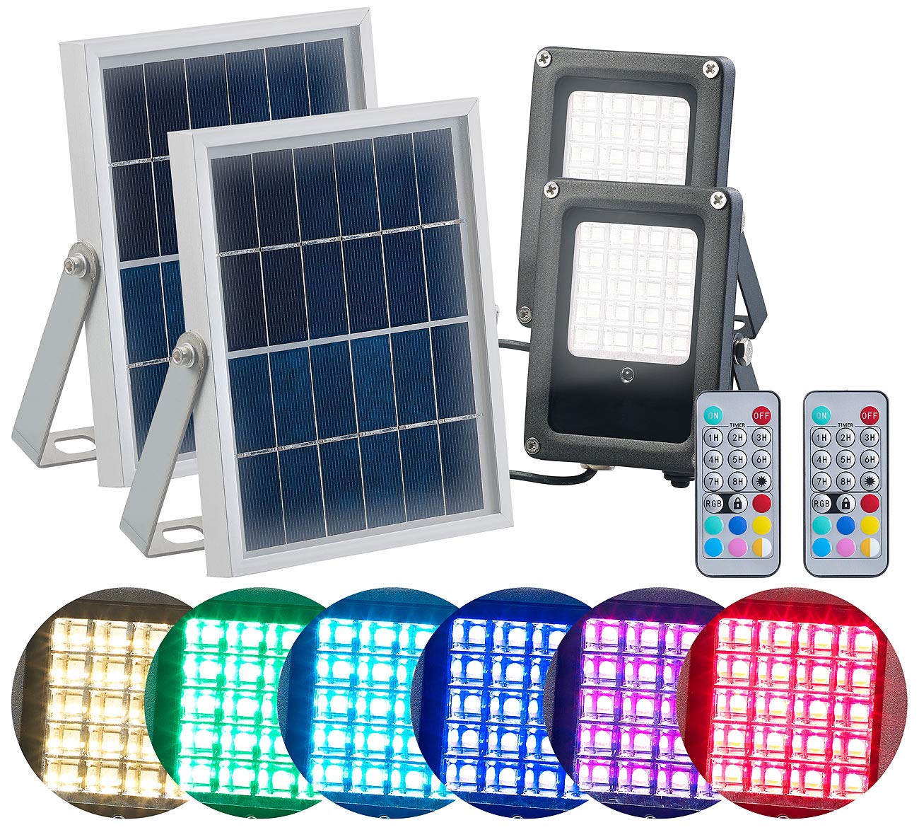 Luminea foco LED solar para exterior: Juego de 2 Proyector LED solar, para exteriores, RGBW, Sensor de crepúsculo (lámpara con mando a distancia, foco con mando a distancia)