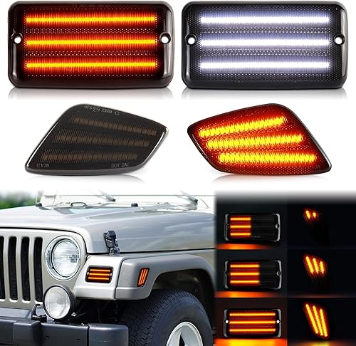 Switchback - Señales de giro LED secuenciales ámbar para parachoques delantero, luz blanca DRL lateral para Jeep Wrangler TJ 1997-2006, 4 luces de