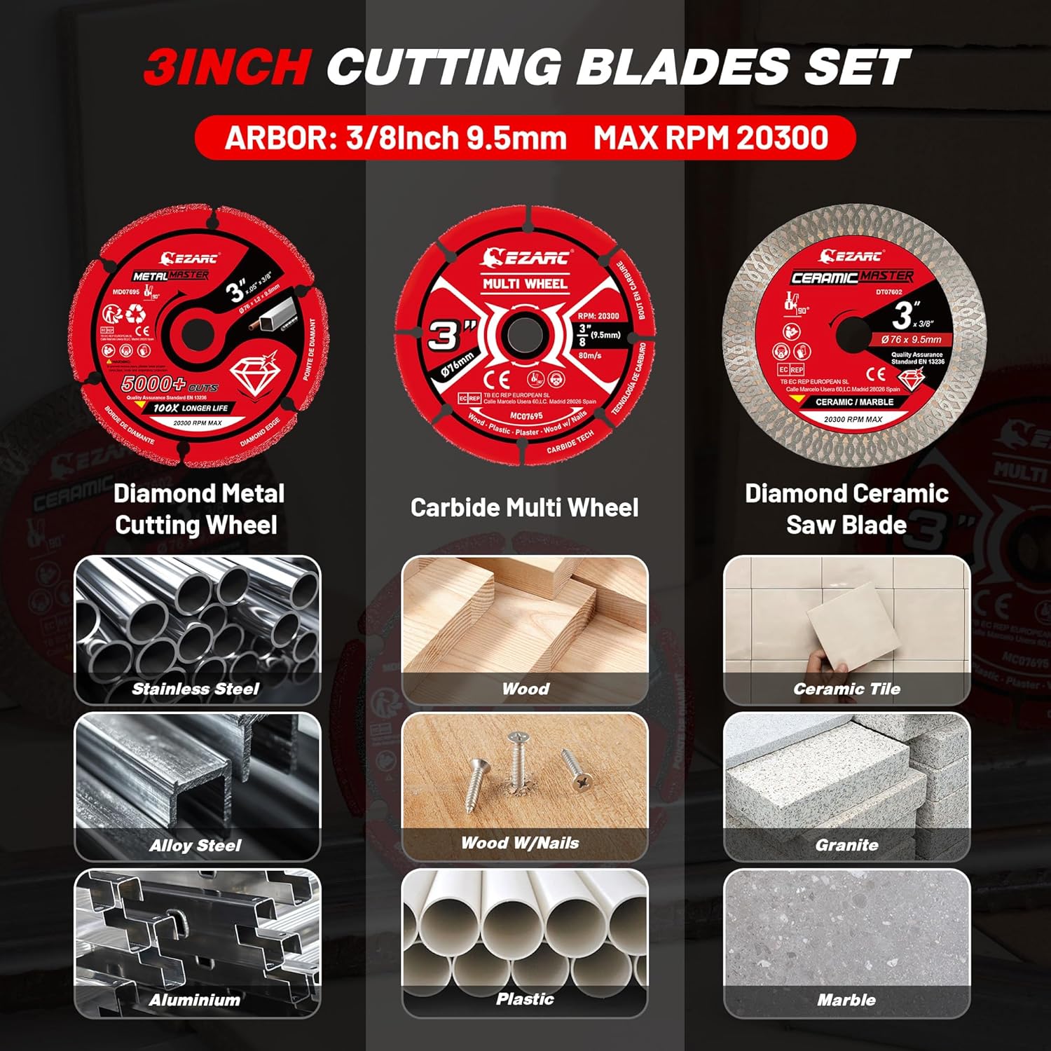 EZARC 3 Inch Cut Off Wheel Set for Angle Grinder, 3 Pack with Diamond Metal Cutting Wheel, Carbide Cutting Disc, Super Thin Diamond Tile Blade, Cut for Metal, Wood, Plastic, Marble Tile, 3/8" Arbor - Image 2