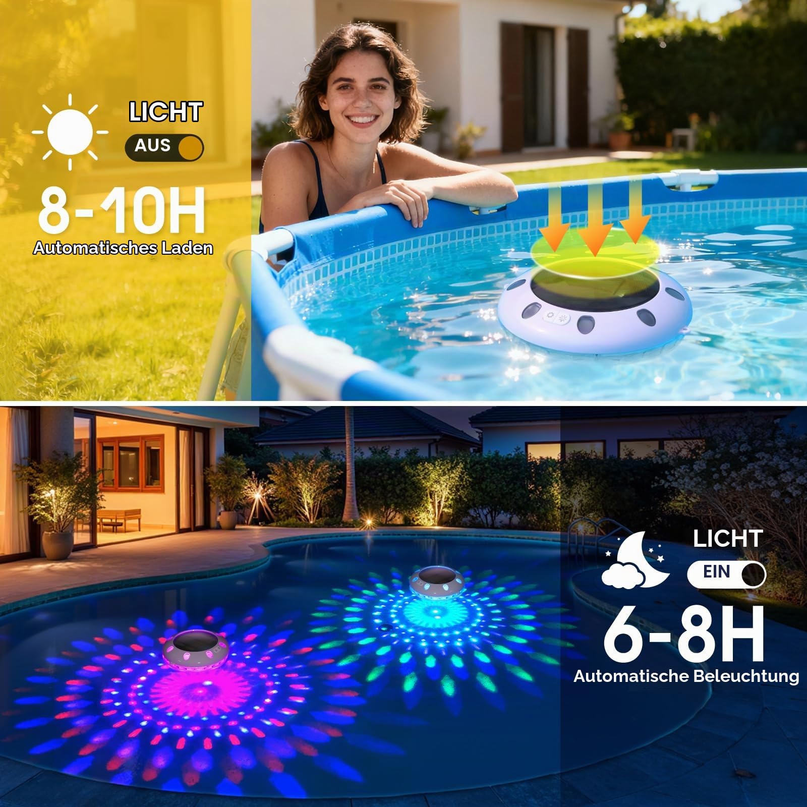 AearKing Schwimmende Poolleuchten mit Fernbedienung,Pool Lichter Schwimmend Solar mit RGB-Lichteffekten,Oberer und unterer Farbwechsel,IP68 Wasserdichte Pool beleuchtung für Teiche und Pools – 2 Stück