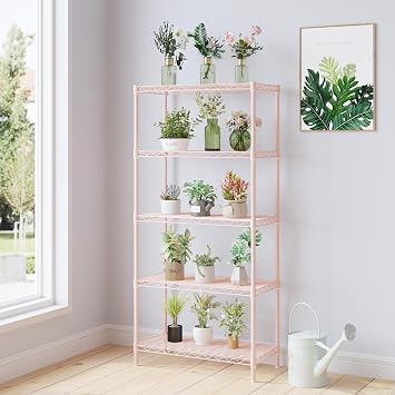 Metal Shelves Wire Shelving,5 Tier Adjustable Heavy Duty Steel Wire Storage Shelves,Storage Rack Standing Shelf Units for Garage,Kitchen,Laundry,Closet,Bathroom,Easy Assembly Light Pink, 74*34*150cm