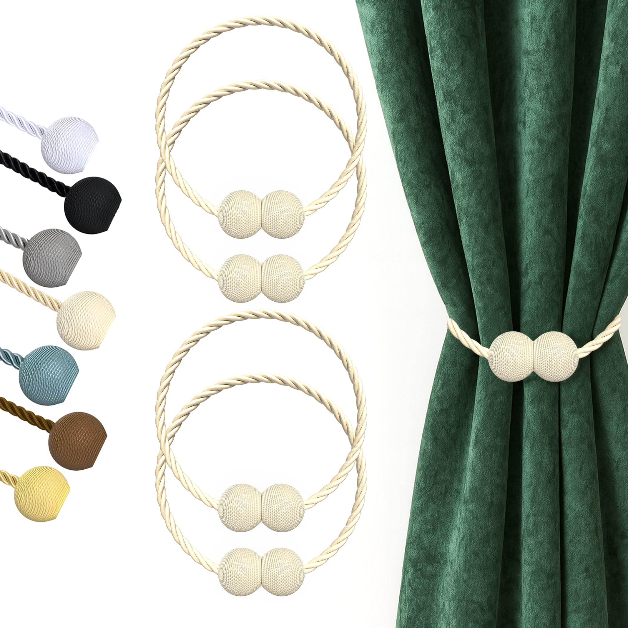 Hion Magnetic Curtain Tiebacks Beige 4 Pack, Curtain Tiebacks Buckles Holdbacks Holders Hooks Clip for Home Bedroom Office Decorative Thick or Thin Curtain