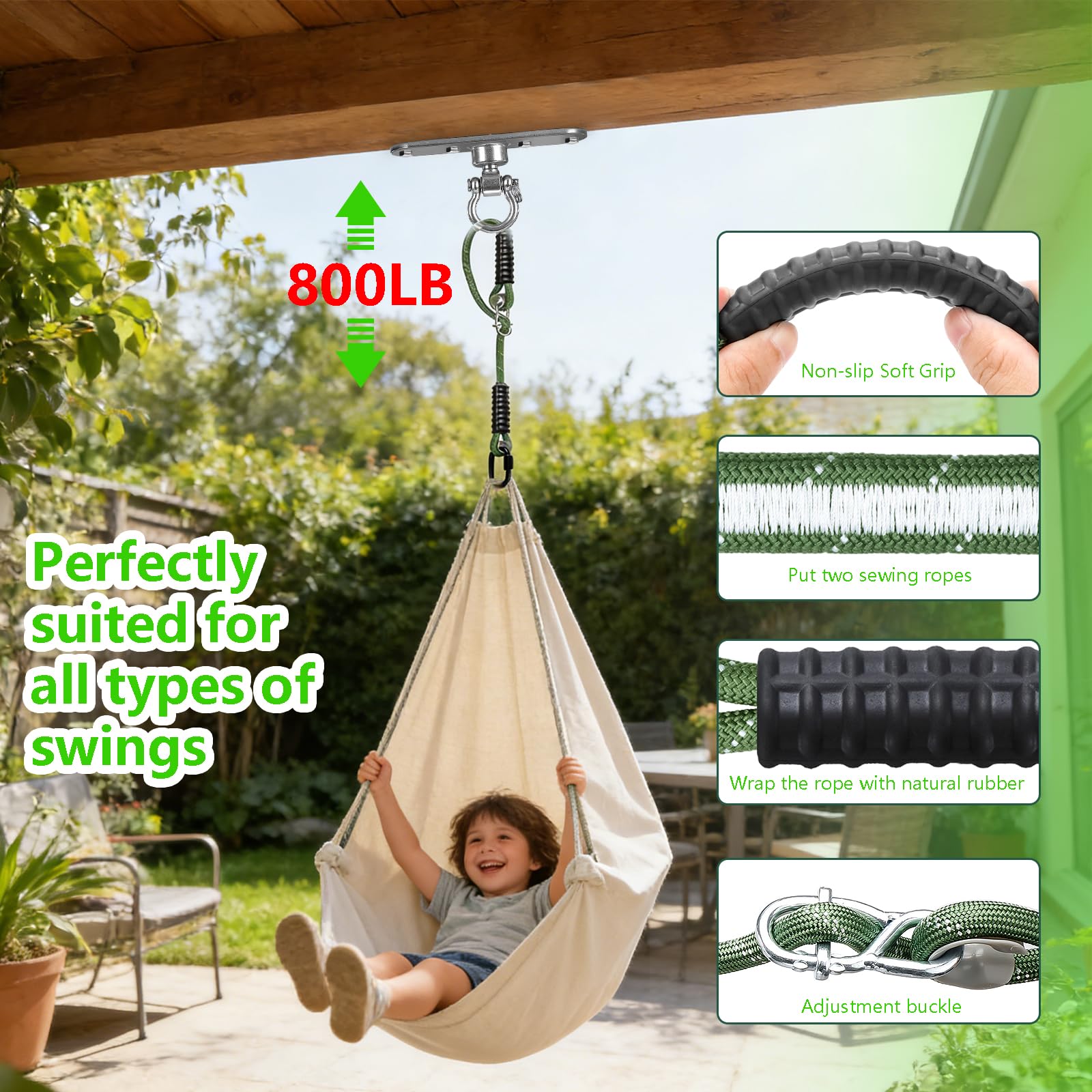 Gancho de techo de 1 m, cuerda de fijación con ajustable, capacidad de carga de 270 kg, acero inoxidable, giratorio 360°, gancho para sillón colgante con almacenamiento, para hamacas