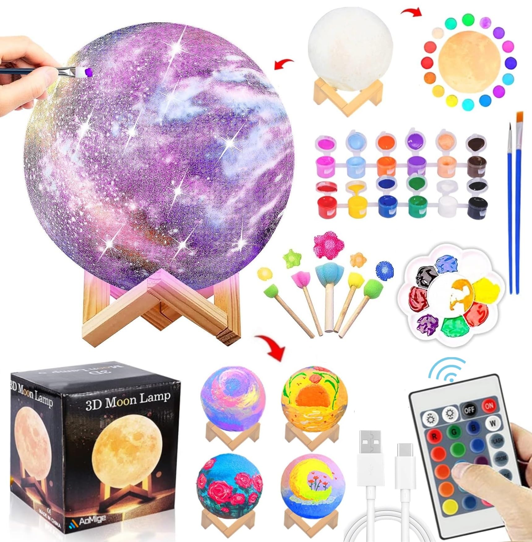 Kids DIY 3D Moon Lamp Kit-w/Remote & Touch Switch 5.9"16 Colors Rechargeable Moon Light-Art Crafts for Kids Over 5 Years Old- Creative Birthday,Festival or Fun Gift for Girls,Boys & Friends