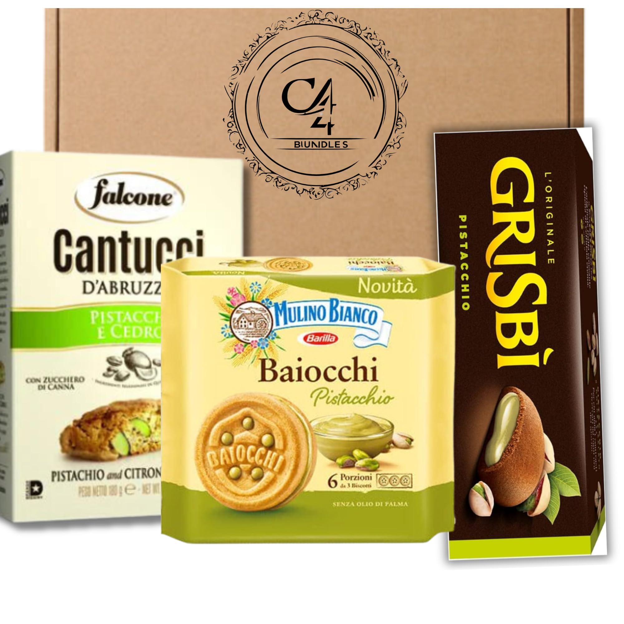 C4 BundlesItalian Biscuit Pistachio Bundle - Mulino Bianco Baiocchi al Pistachio, Grisbi Cookies, Falcone Cantucci Pistachio Cookies,