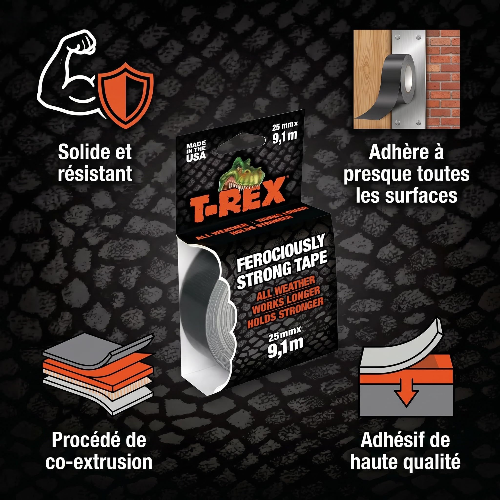 Ruban adhésif T-Rex Tape 821-25 imperméable indéchirable 25mm x 9,1m gris
