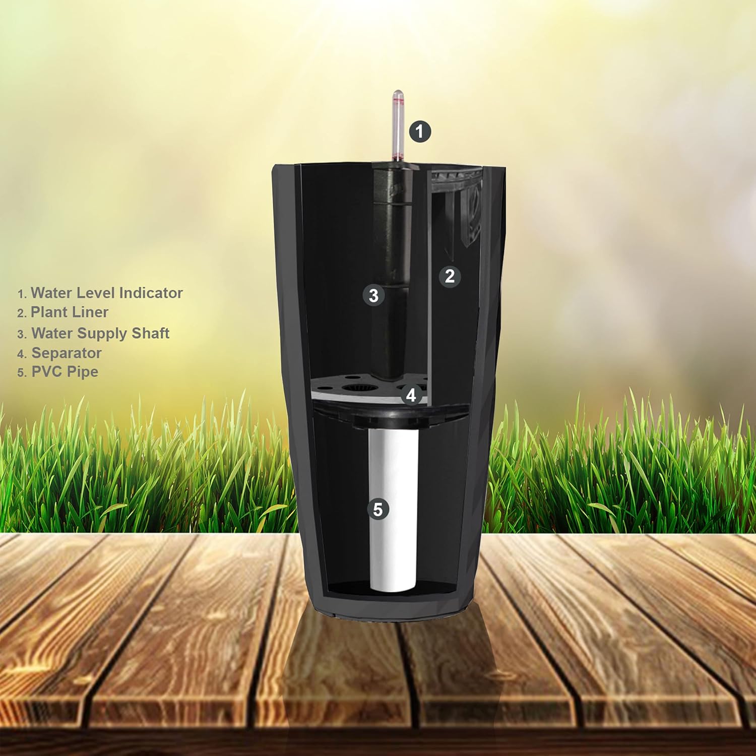 XBrand 30" H Black Plastic Self Watering Indoor Outdoor Diamond Look Round Planter Pot, Tall Decorative Gardening Pot, Home Décor Accent