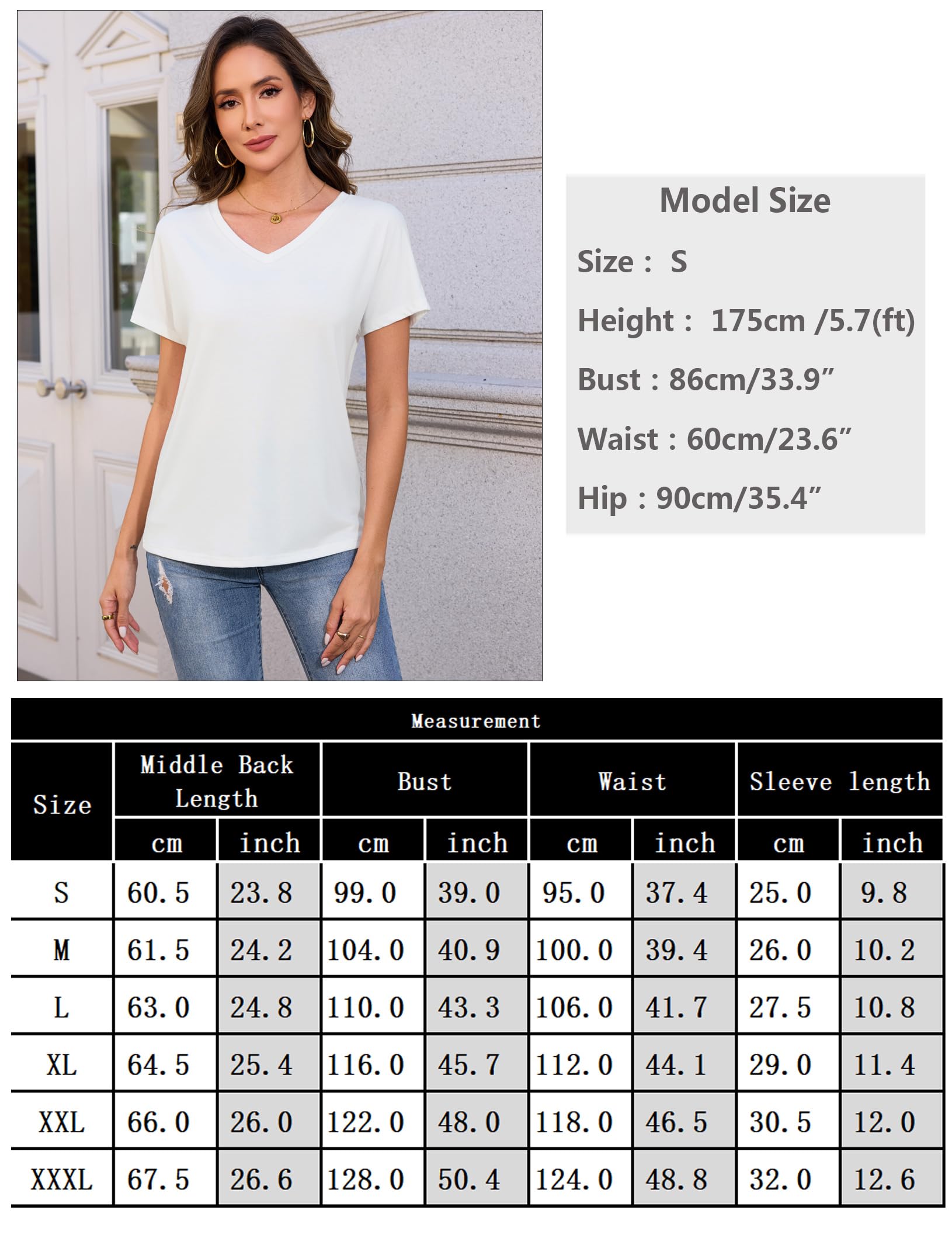 Camiseta Básica Mujer Verano Manga Corta Cuello en V Blusas Elástico Ligero Color Sólido Camisetas Casuales Top S-XXL