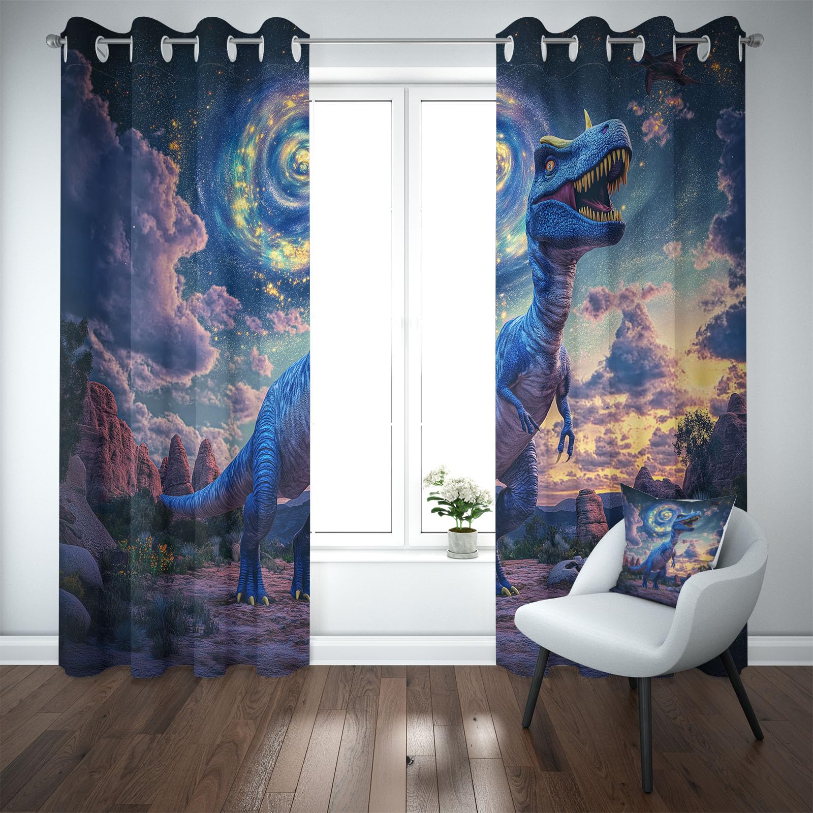 Rideau Occultant à Oeillets Science Fiction Dinosaure Lot de 2 Rideaux Thermique et Isolant Phonique Galaxie Tyrannosaure Rex Idéal pour la Décoration de Salon, Chambre à Coucher, 110 x 215cm