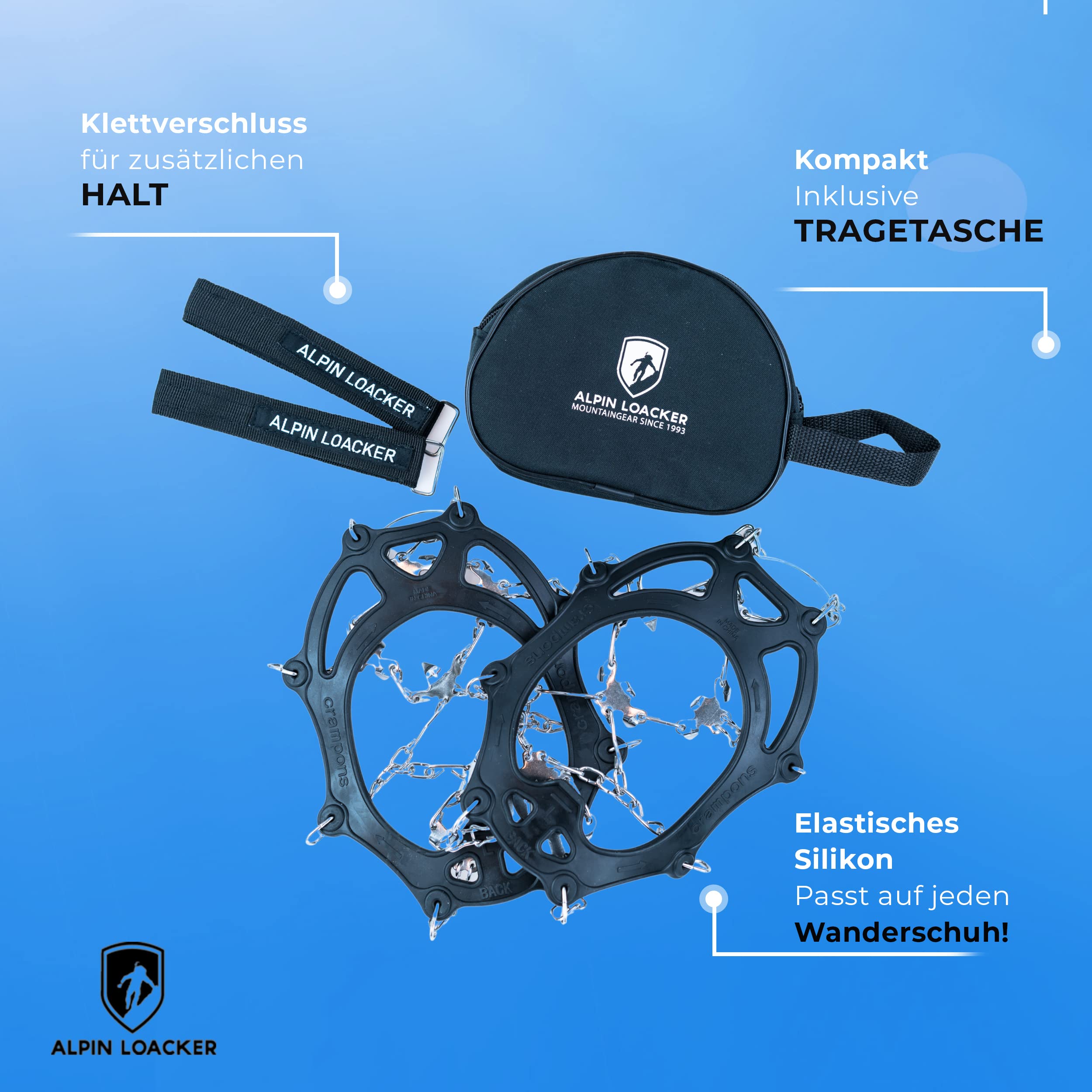 Alpin Loacker Chain Pro 18 - raki, kolce, z 18 pazurami ze stali nierdzewnej, do wspinaczki górskiej, trekkingu, zimowe, outdoor