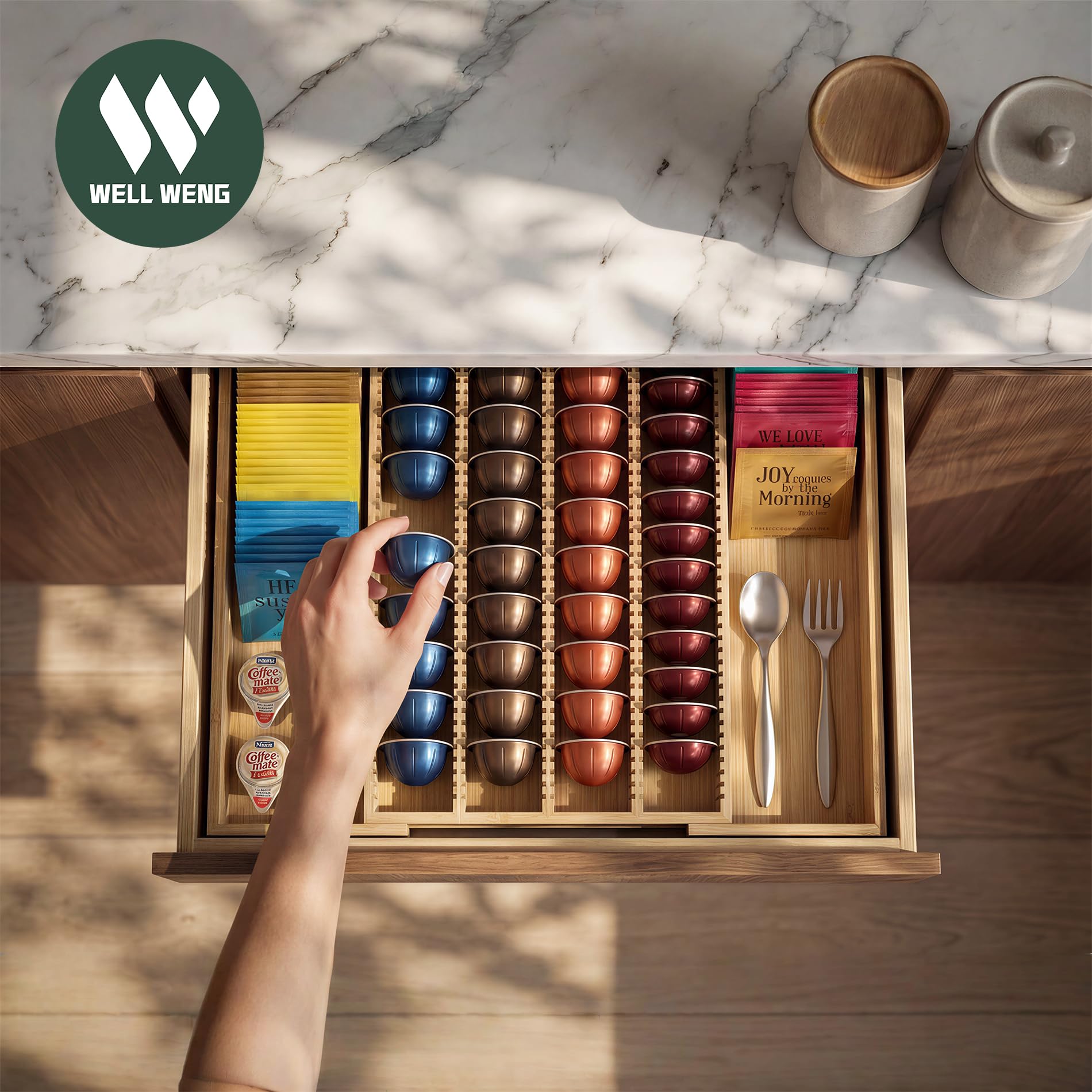 WELL WENG – Großer, ausziehbarer Bambus-Organizer für Schubladeneinsätze – Kompatibel mit Nespresso Vertuo-Kapseln – Aufbewahrung für Teebeutel (Natur) 27,4 cm – 48,3 cm (B) x 40 cm (T) x 4,8 cm (H)