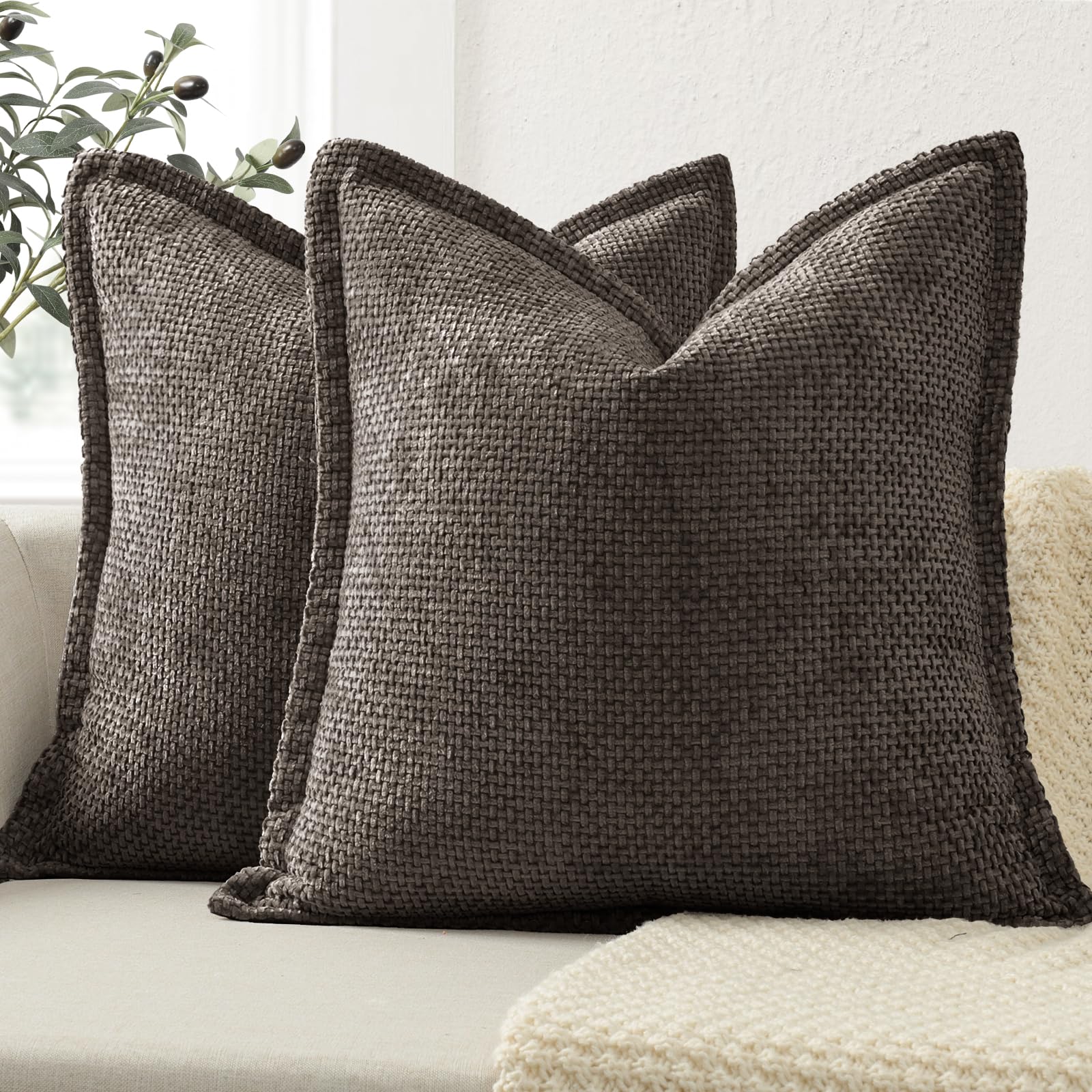 ZWJD Soft Chenille Cushion Covers 40x40 2 Pack, Decorative Cushions with Pressed Edge Design, Dark Grey Luxury Home Decor Pillow Covers for Sofa, Couch, Living Room & Bedroom Modern Home Décor — image 1