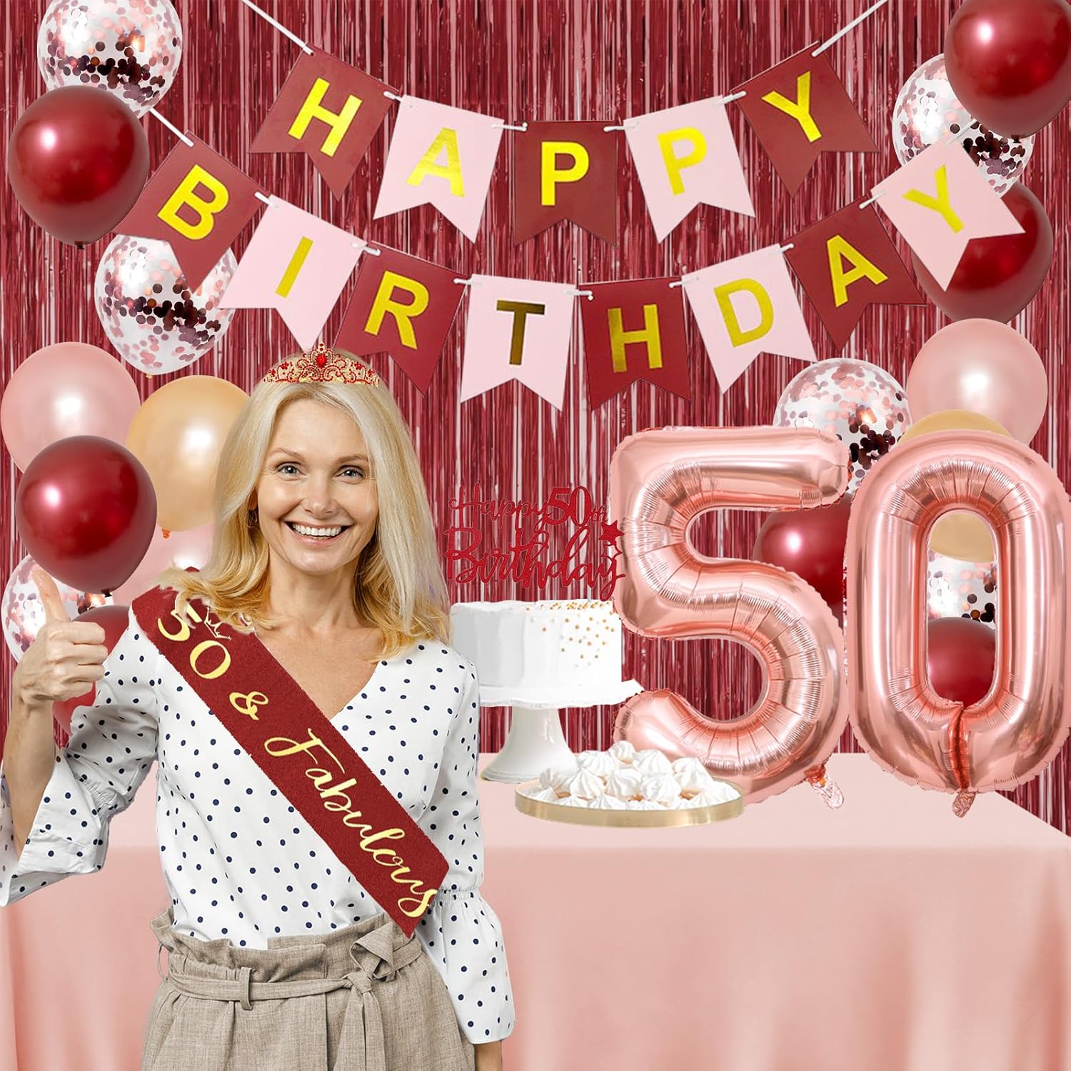 Trgowaul 50th Birthday Decorations for Women, Burgundy Red Rose Gold 50th Birthday Party Supplies, Banner, Sash and Crown, Cake Topper, 50 Number Balloon, Fringe Curtains, 50 Year Old Decoration Set - Image 8