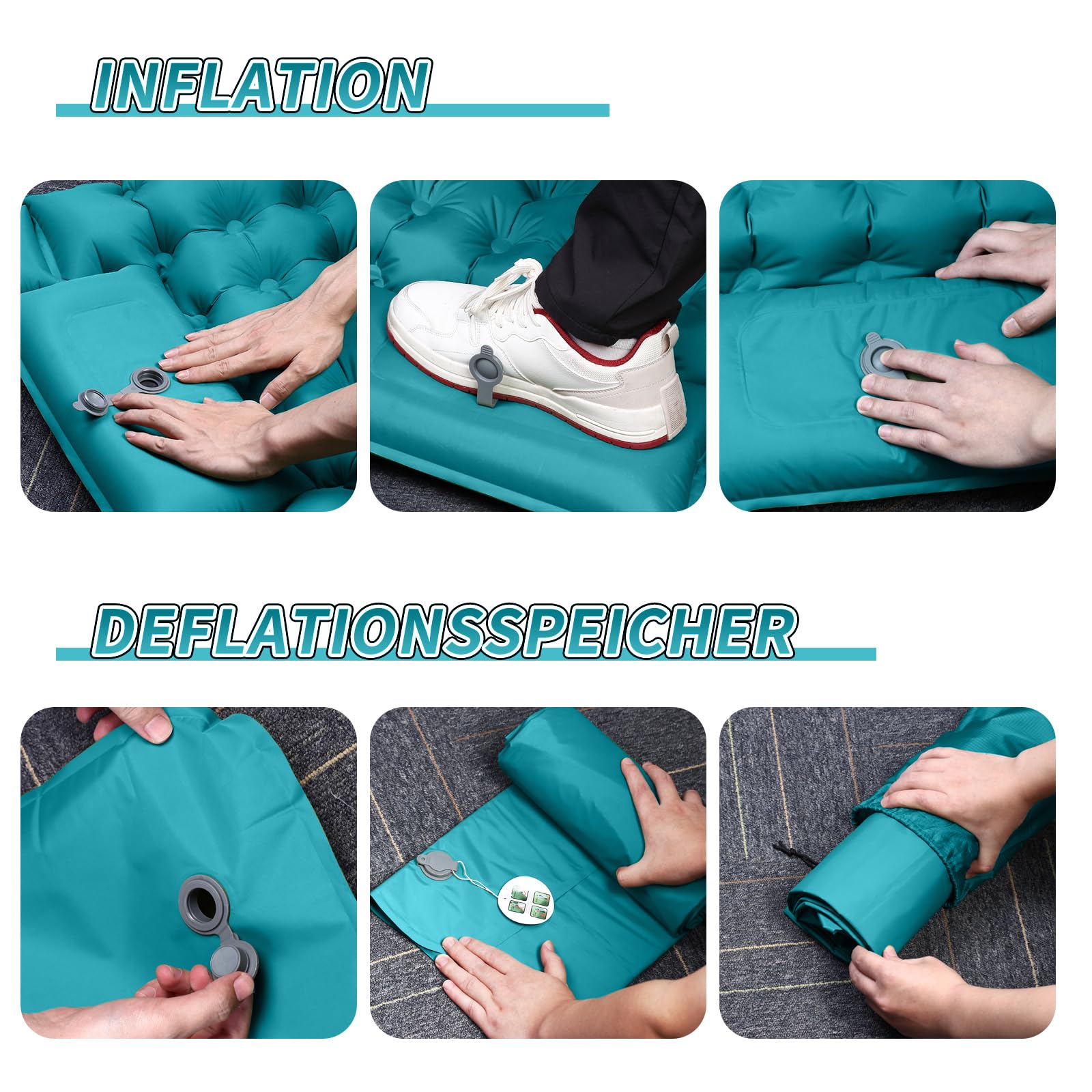 ERWEY Esterilla Camping Autoinflable Doble 200 x 135 cm, 10 cm Colchón Hinchable de Aire Ultraligero Inflable Adecuado para acampadas, Viajes, Actividades al Aire Libre y Uso en la Playa, Azul Pavón
