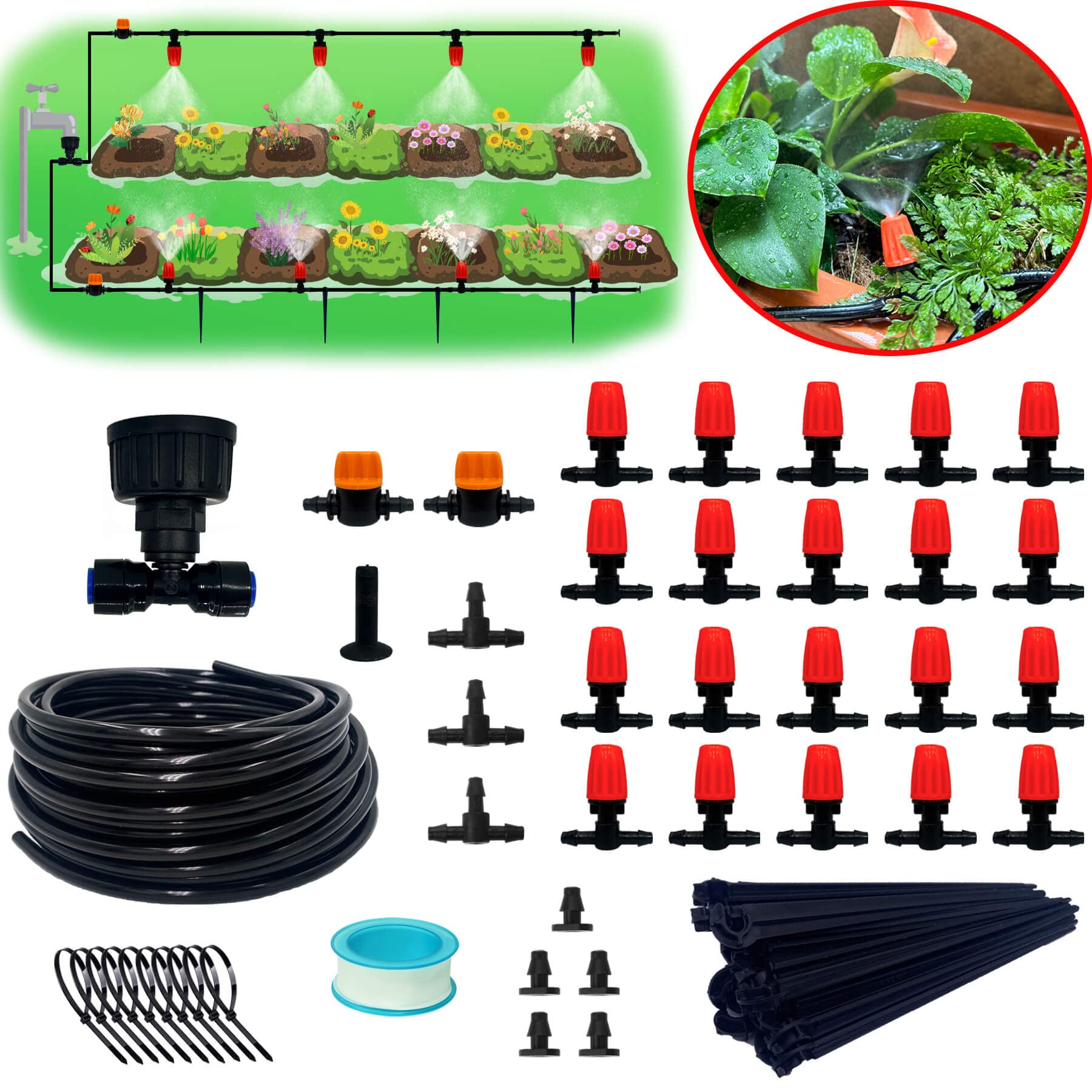 Buy AWOWZ 59FT/18M Drip Irrigation Kits, 1/4"Drip Tubing and TwoWays Connector, Allinone