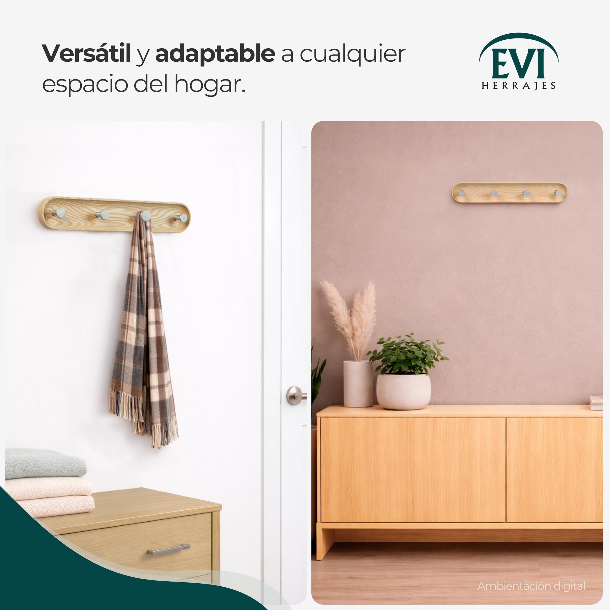 EVI Herrajes | Perchero de pared de 4 colgadores | Madera maciza de fresno | Colgadores de acero inoxidable | Kit de montaje incluido | Mod. Cova 4CFRAM