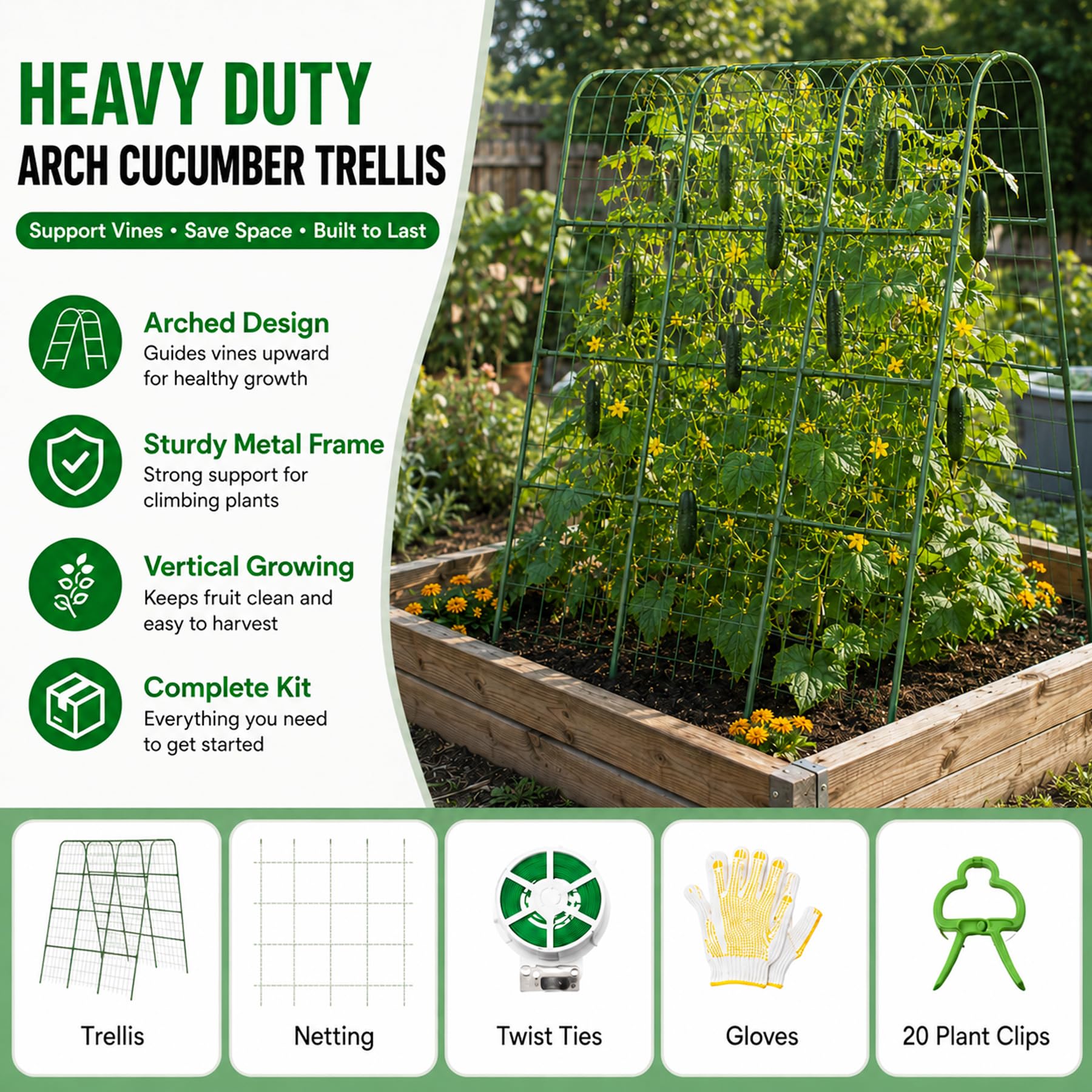 160 cm hohes Garten-Rankgitter für Kletterpflanzen, 16 mm robuster Metallrahmen, Gurkenspalier mit Netz, 20 Pflanzenclips, einfache Montage, Gemüsespalier für Tomaten, Bohnen, Erbsen, Hochbeet