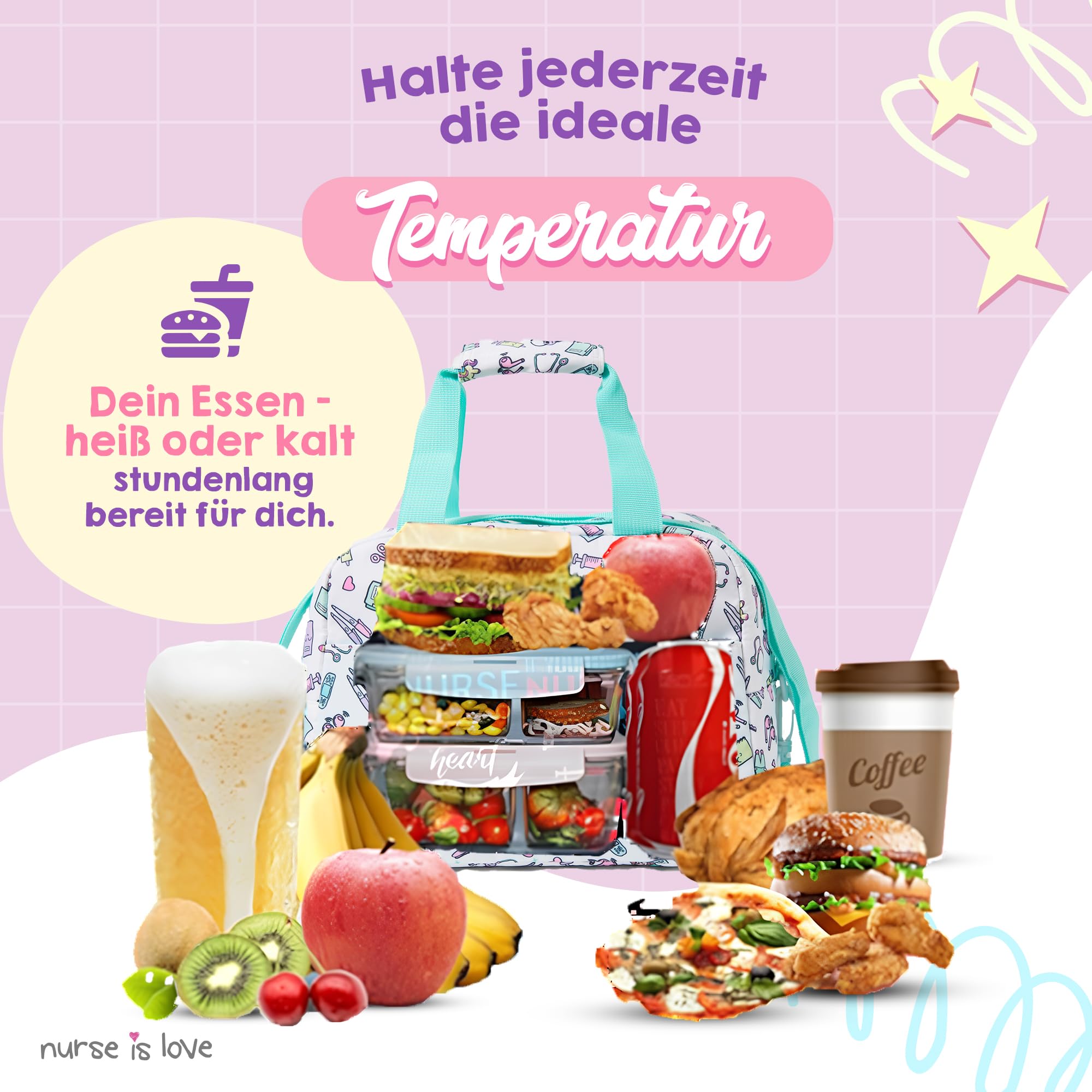 Nurse is Love Kühltasche Klein Für Krankenschwester, Lunchtasche, Lunch Bag, Thermotasche, Frühstückstasche Mit Fächern + Gurt Passt Mit Brotdosen | Krankenschwester & Arzt Zubehör.