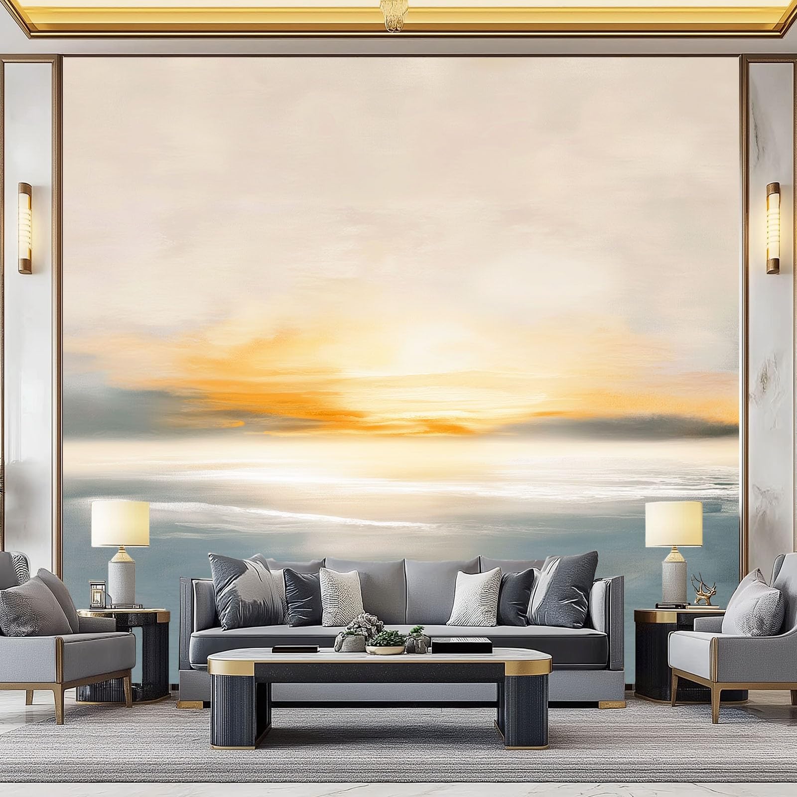 Panoramiczna tapeta 350 x 256 cm (szer. x wys.), włóknina ścienna abstrakcyjny minimalistyczny nadmorski wschód słońca - do salonu pokoju dziecięcego i beżowa dekoracja ścienna