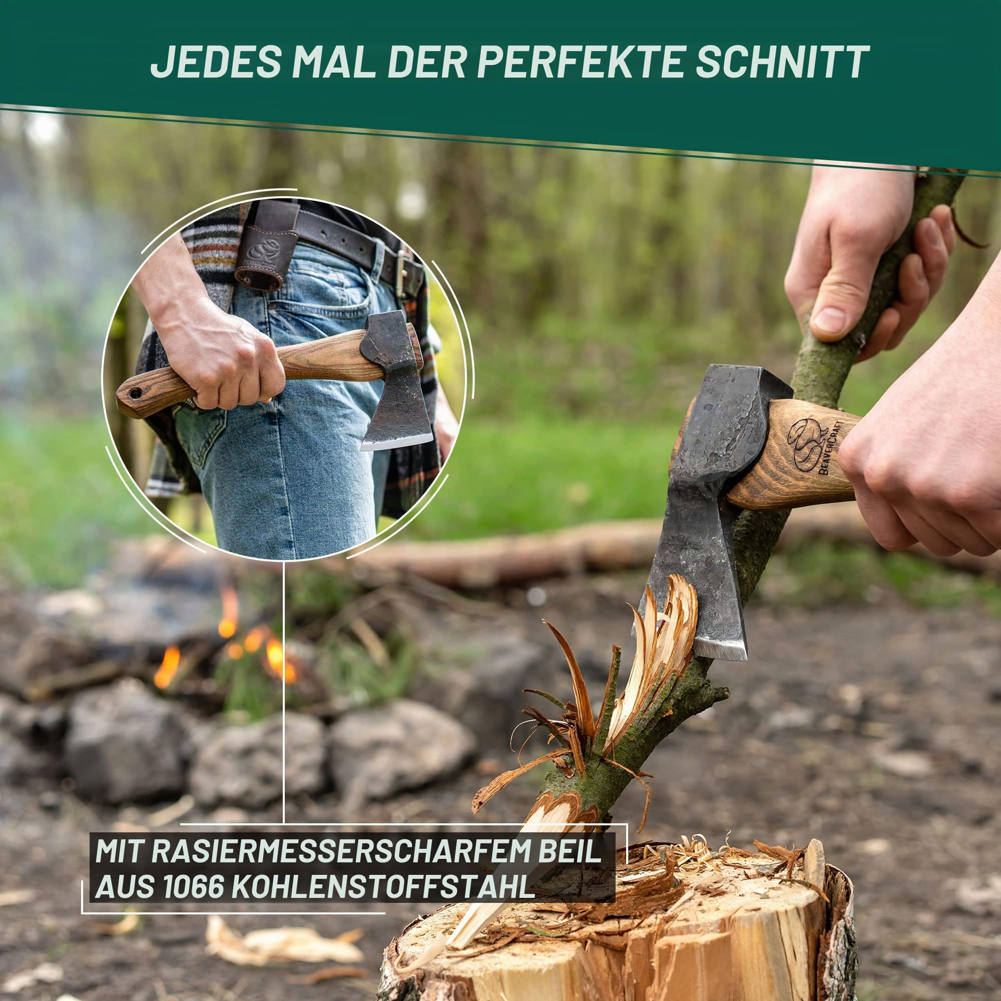 BeaverCraft Holzbearbeitungsaxt mit Scheide AX1 – Geschmiedete Axt, Bushcraft-Axt für Camping – Kleine Forstaxt zum Hacken und Spalten – Gartenaxt mit Holzgriff, Holzbearbeitungswerkzeug