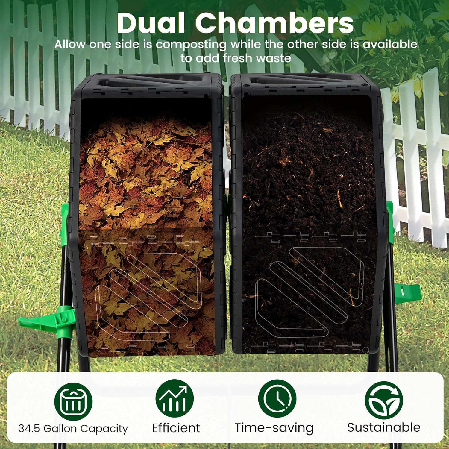 Independent Compost Bin, Hexagon Dual Chamber Compost Tumbler with 34.5 Gal, 2 Rotating Chambers, Sliding Doors, High-Volume Outdoor Composter, Rotating Composting Bin for Garden Yard