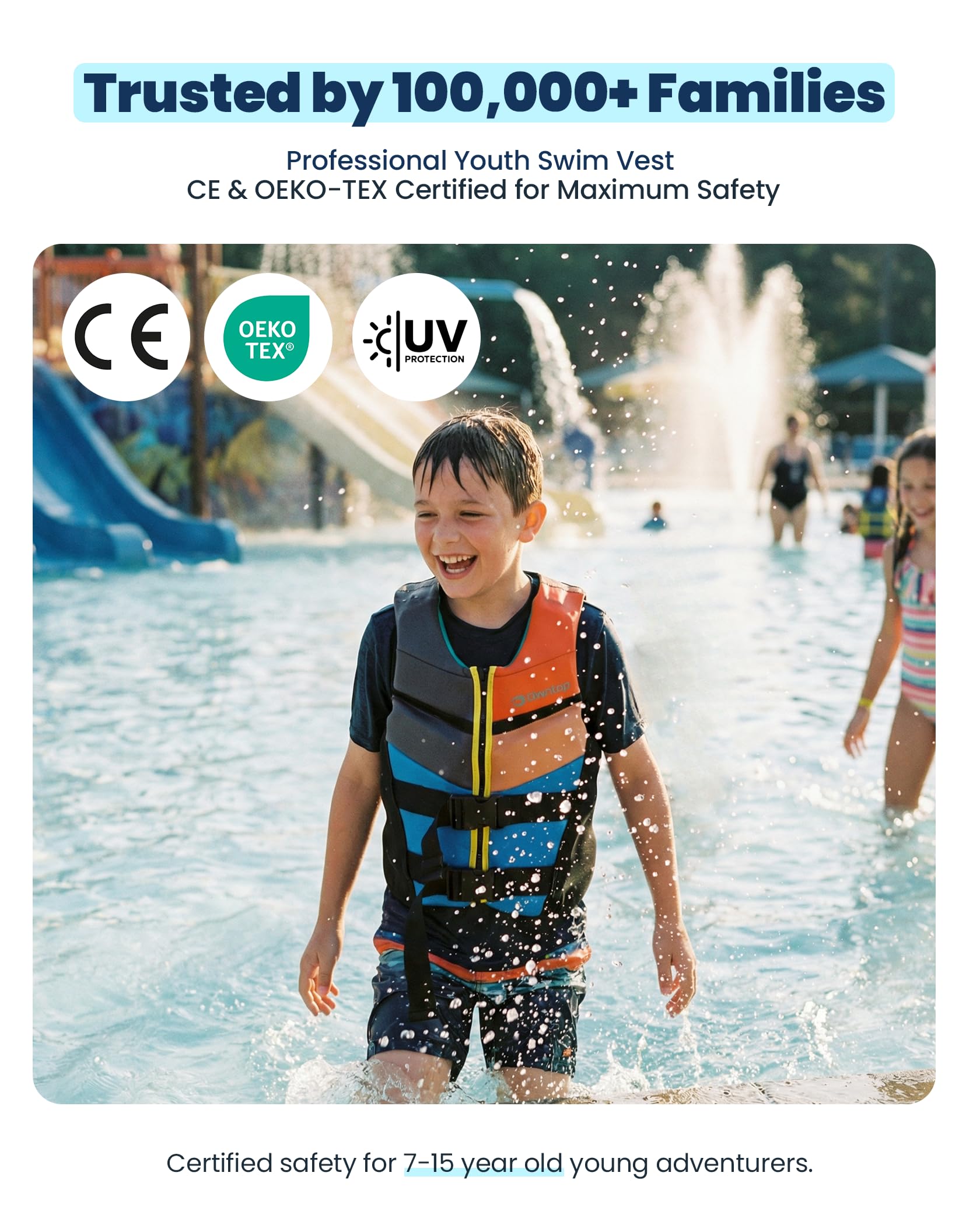 Owntop Chaleco de Ayuda a la Flotabilidad para Adolescentes y Niños - Chaleco de Natación Juventud Unisex, Chaleco de Flotabilidad Ajustable con Hebillas de Seguridad para Pesca, Kayak y Vela
