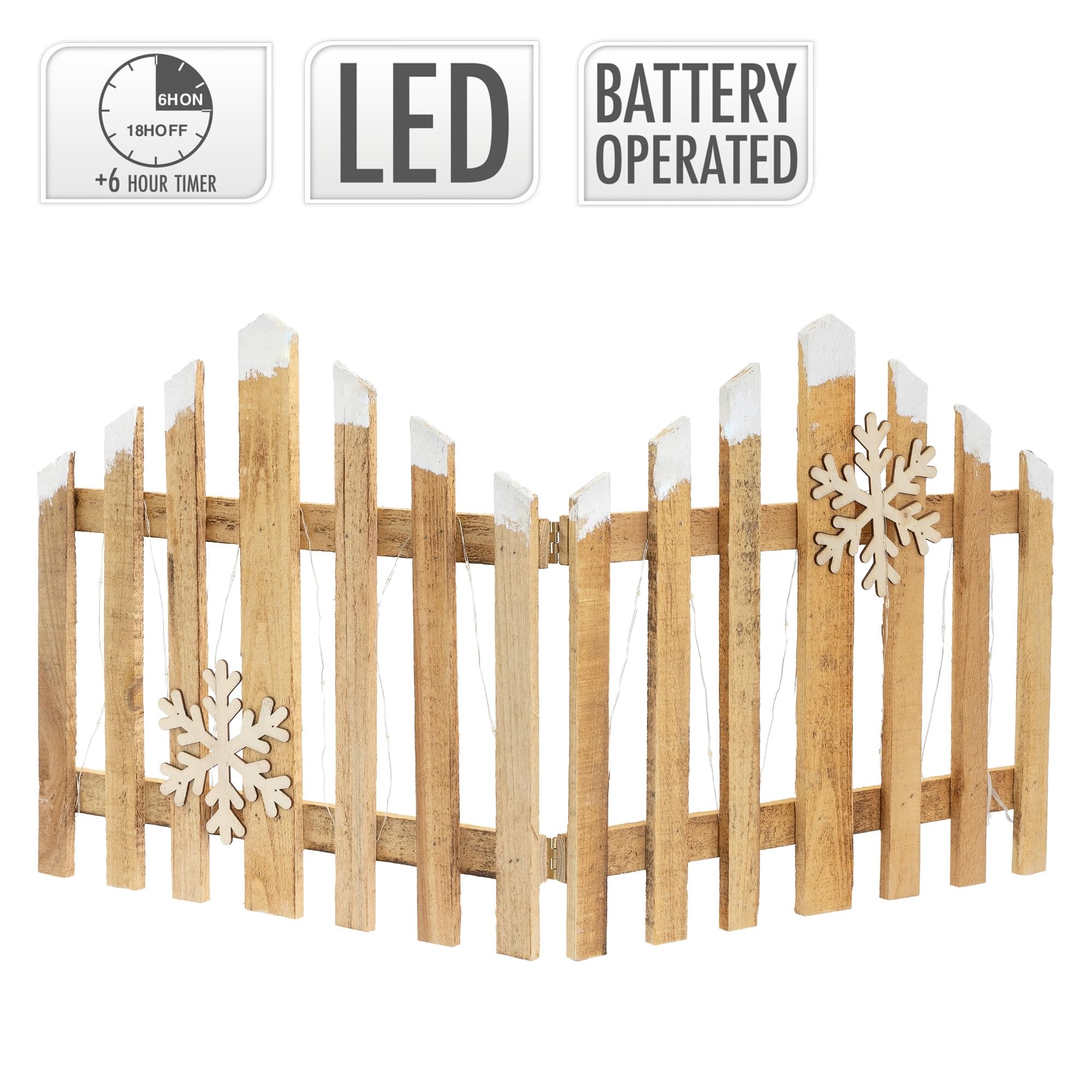 ECD Germany dekoracyjny plot drewniany LED 77x38 cm z 30 diodami ciepla biel 2 platki sniegu zasilany bateriami z timerem miniaturowy plot ogrodowy sztuczny snieg dekoracja swiateczna brama zimowa
