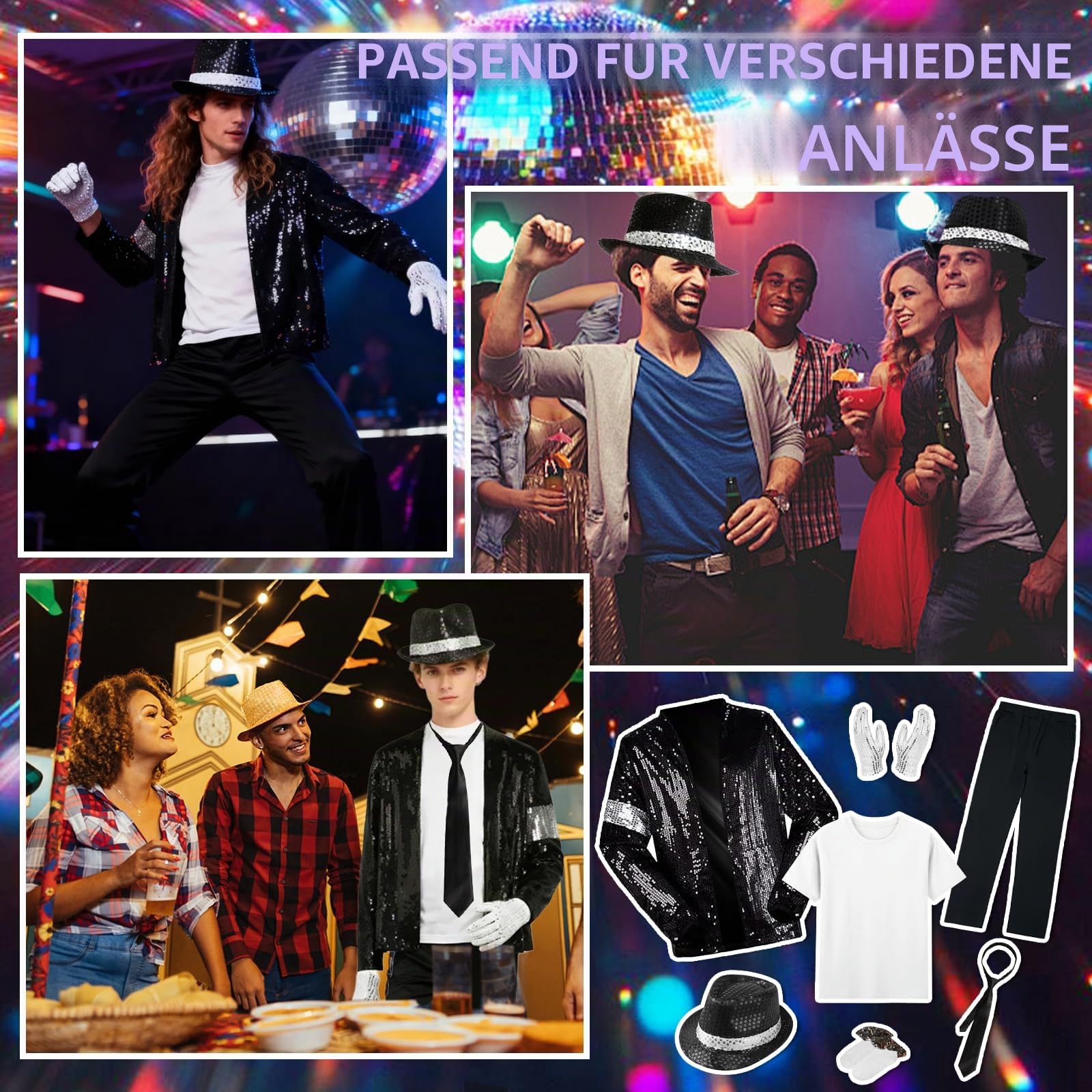 Erwachsenenkostüm King of Pop, 80er Jahre Tänzerin Rocker Star Cosplay Verkleidung Kostüm Zubehör mit Jazz Pailletten Hut Jacke Top Hose Handschuhe Socke Krawatte King of Pop für Halloween Karneval 80