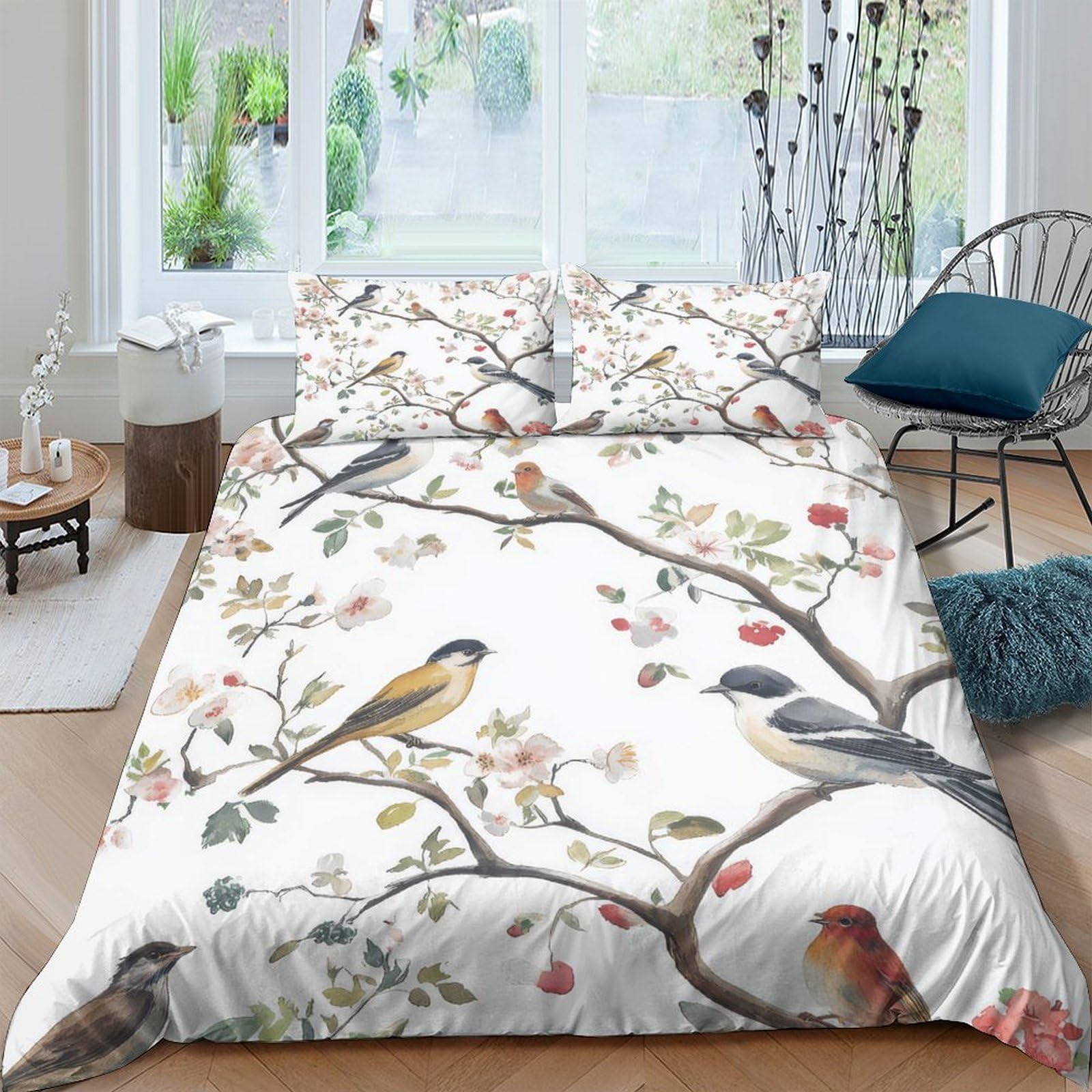 Ctjqhvkz Style-10 3D Printed Bird Branch Fitted Sheet Microfiber Soft Breathable Floral Songbird Mattress Cover Bedroom Decor Single（135X200cm）
