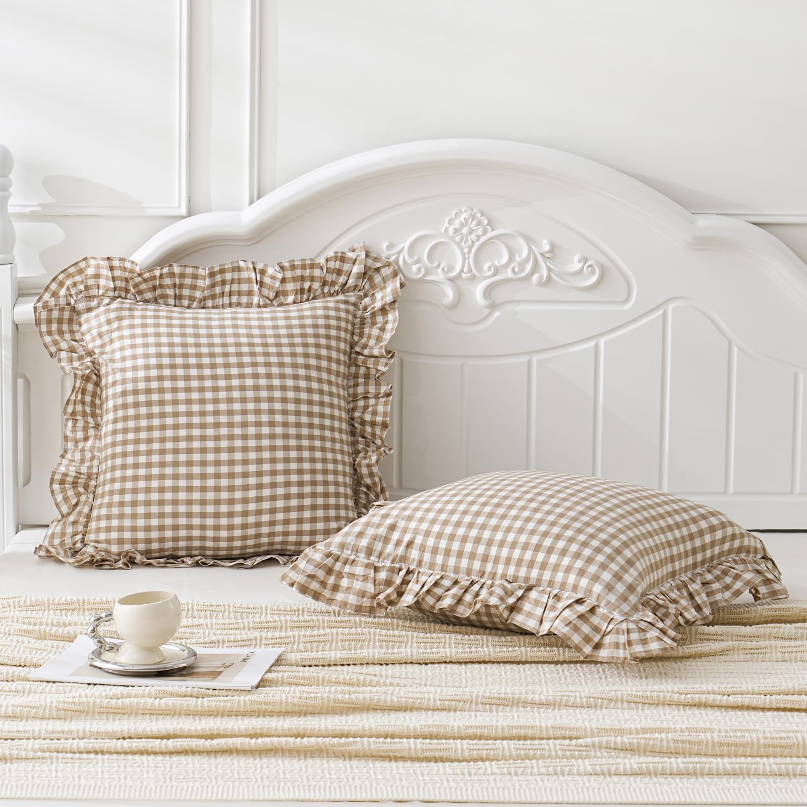 Taupe/White Plaid Euro Pillow Shams Ruffle Pillowcases Set of 2,Shabby Checkered Washed Cotton Pillow Covers-26 x26,Taupe/White Plaid