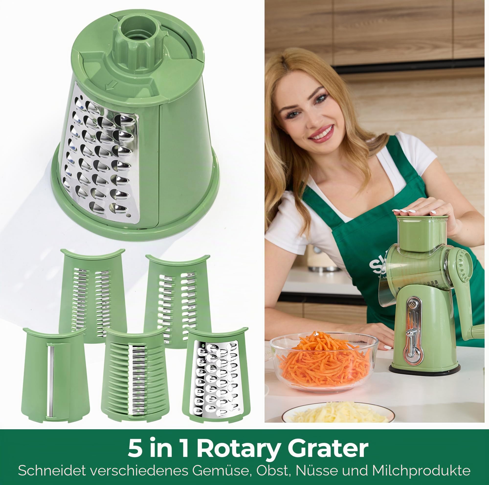 SUSTEAS Käsereibe mit Kurbel - Reibe für Gemüse mit 5 Trommelblättern, Starkem Saugfuß, Gemüseschneider,ideal für Käse,Gurken, Karotten,Nüsse,Gemüse usw, mit Klingenaufbewahrungsbox (Retro-Grün)