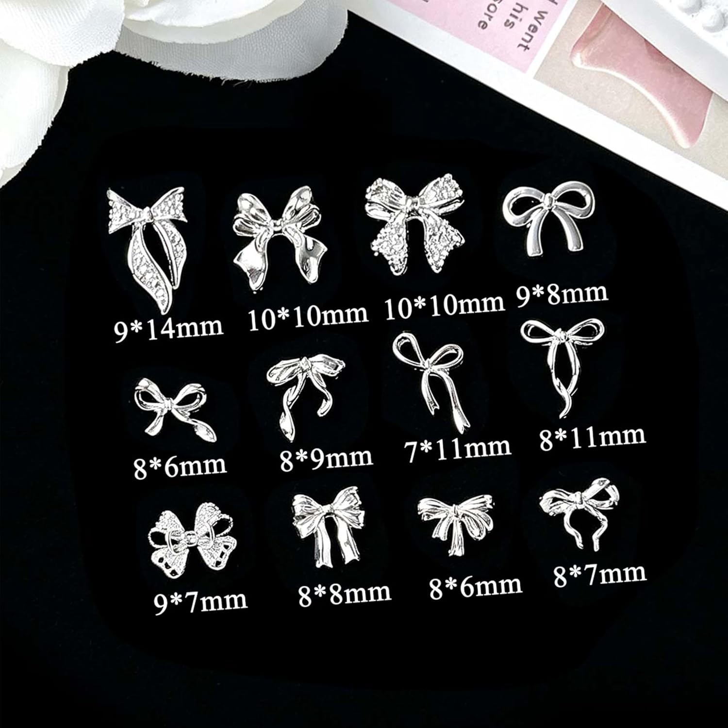 120Pcs 3D Silver Bow Nail Charms, 12 Designs Assorted 3D Metal Bow Nail Art and Gems Kit Decorations, Y2K Shiny Silver Nail Jewelry Accessories for Women Girls