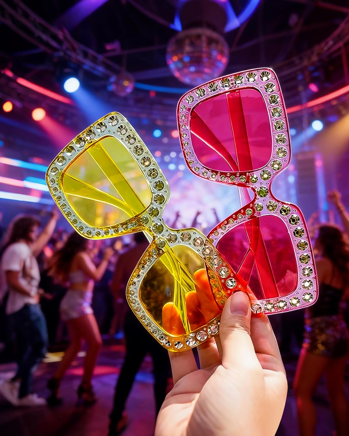 Wholesale 48 Pack 70s Oversized Square Crystal Rhinestone Sunglasses Bulk, Disco Glasses Party Favors
