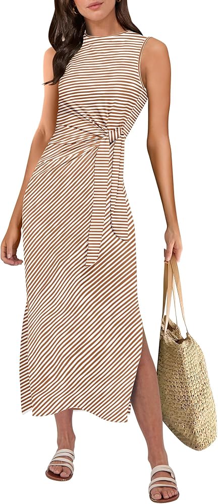 ANRABESS Women's Sleeveless Tie-Waist Midi Dress