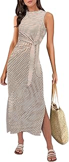 Womens Summer Casual Sleeveless T Shirt Midi Dress Slim Fit Tie Waist Split Tank Long Dresses 2025 Vacation Sundress - Buy now