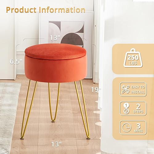 Miniatura 2 de LUE BONA Taburete de terciopelo para sala de maquillaje, otomana de almacenamiento redondo, taburete para tocador con patas doradas, silla de