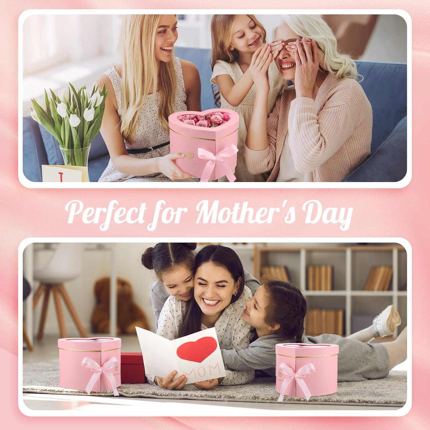 Nuanchu 2 Pcs Valentine‘s Day Heart Shaped Flower Box with Transparent Window Paper Floral Boxes with Lids Ribbons Double Layers Rotating Gift Box for Arrangements, 9.1 x 7.9 x 6.5 Inch(Pink) - Image 5