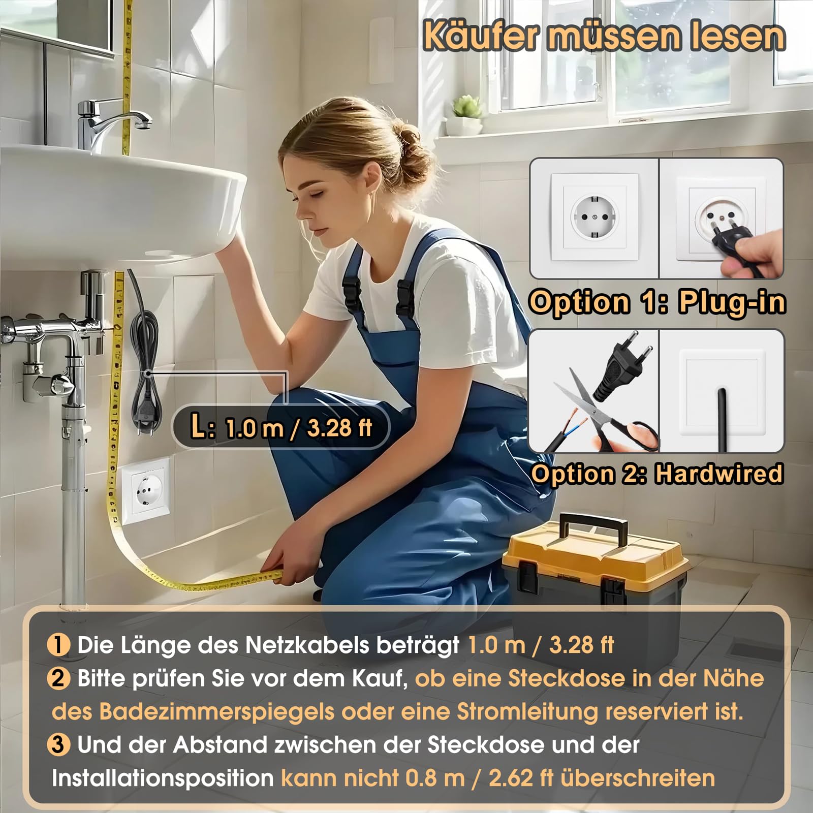 Rund Badezimmer Wandspiegel mit LED Beleuchtung, 50cm | Spiegel mit Linienmuster Licht, Touch Schalter, 3 Farben Dimmbar,