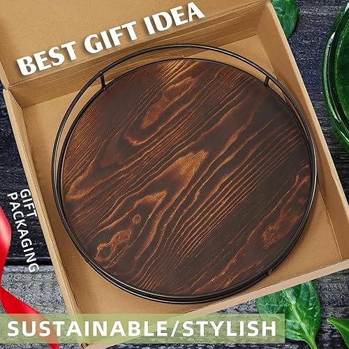 Miniatura 2 de Plato giratorio Lazy Susan de madera de 12 pulgadas para mesa, organizador de mesa giratoria marrón rústico con marco de acero, 360 grados