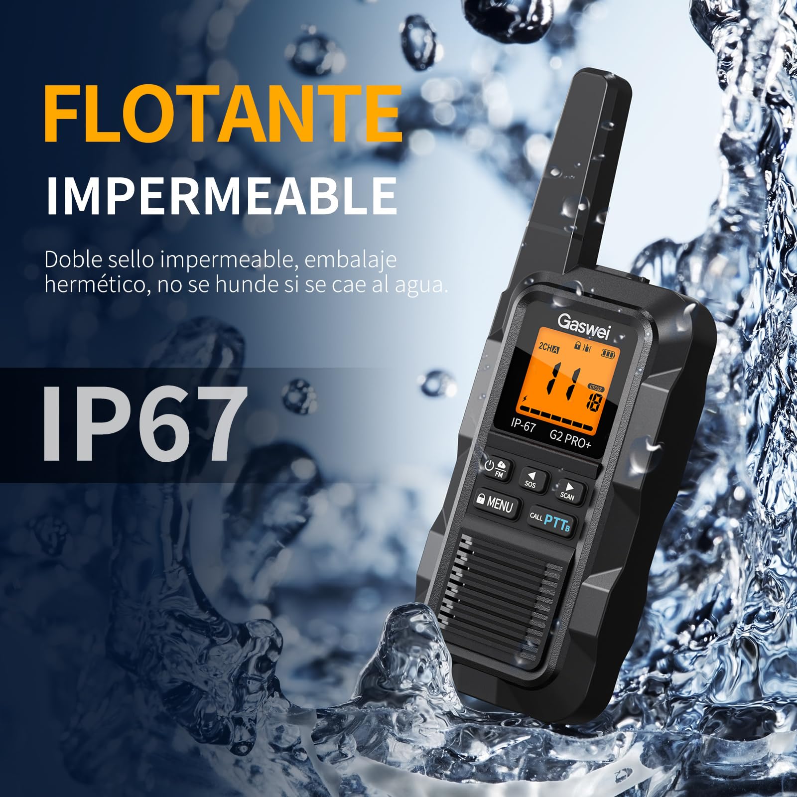 Gaswei G2Pro Walkie-talkies Profesionales para Adultos [IP67 Resistentes al Agua y flotantes] Radio de Largo Alcance con Doble PTT, Alarma SOS, Radio FM (2 Unidades - Negro) - 4