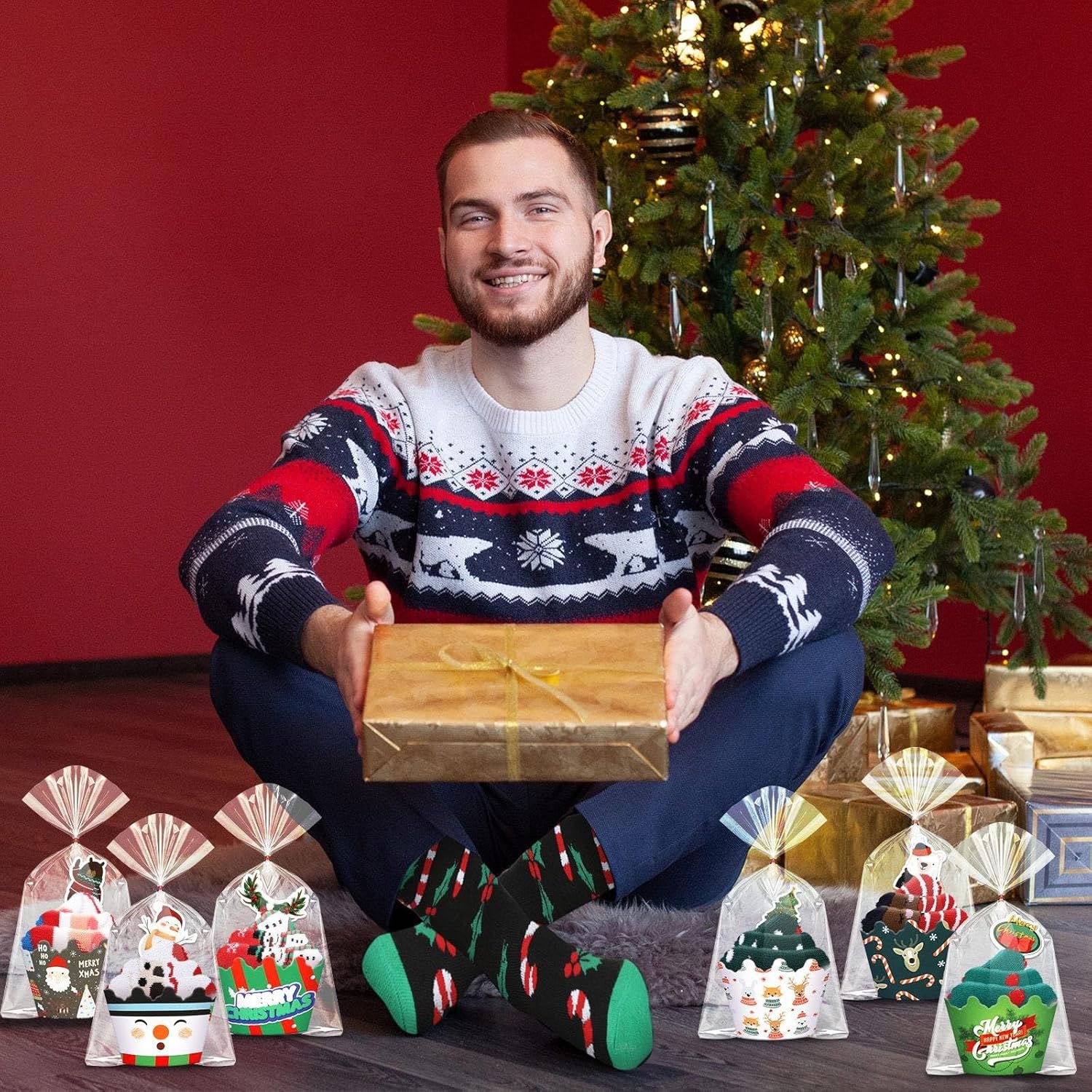 Glitopper 24 Pairs Men Christmas Socks Bulk Fuzzy Christmas Cupcake Crew Socks Funny Gifts for Adults Men Xmas Holiday Stocking Stuffers Party Favors