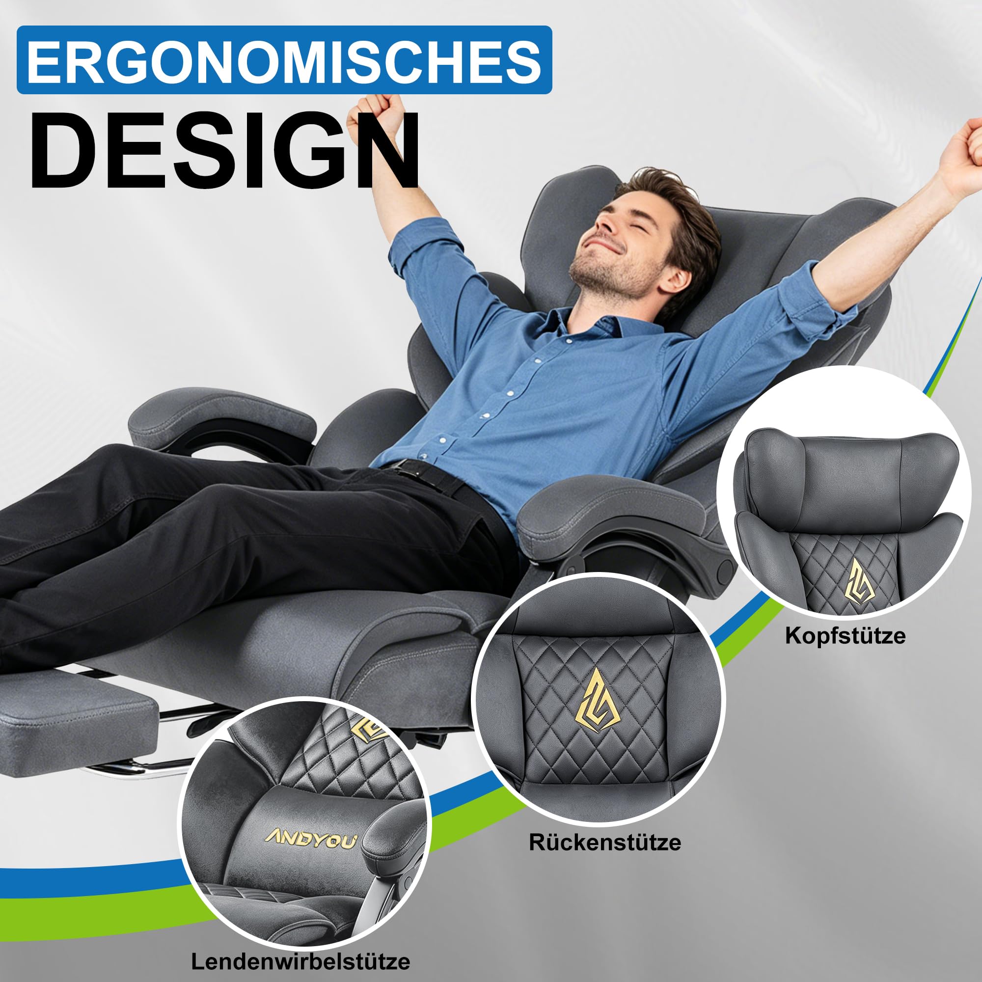 Andyou Gaming Stuhl mit Fußstütze–ergonomischer Bürostuhl, Rückenlehne 90–155°mit verbundenen Armlehnen, Suède-Bezug, Federsitzkissen, Schreibtischstuhl, belastbar bis 150 kg, grau